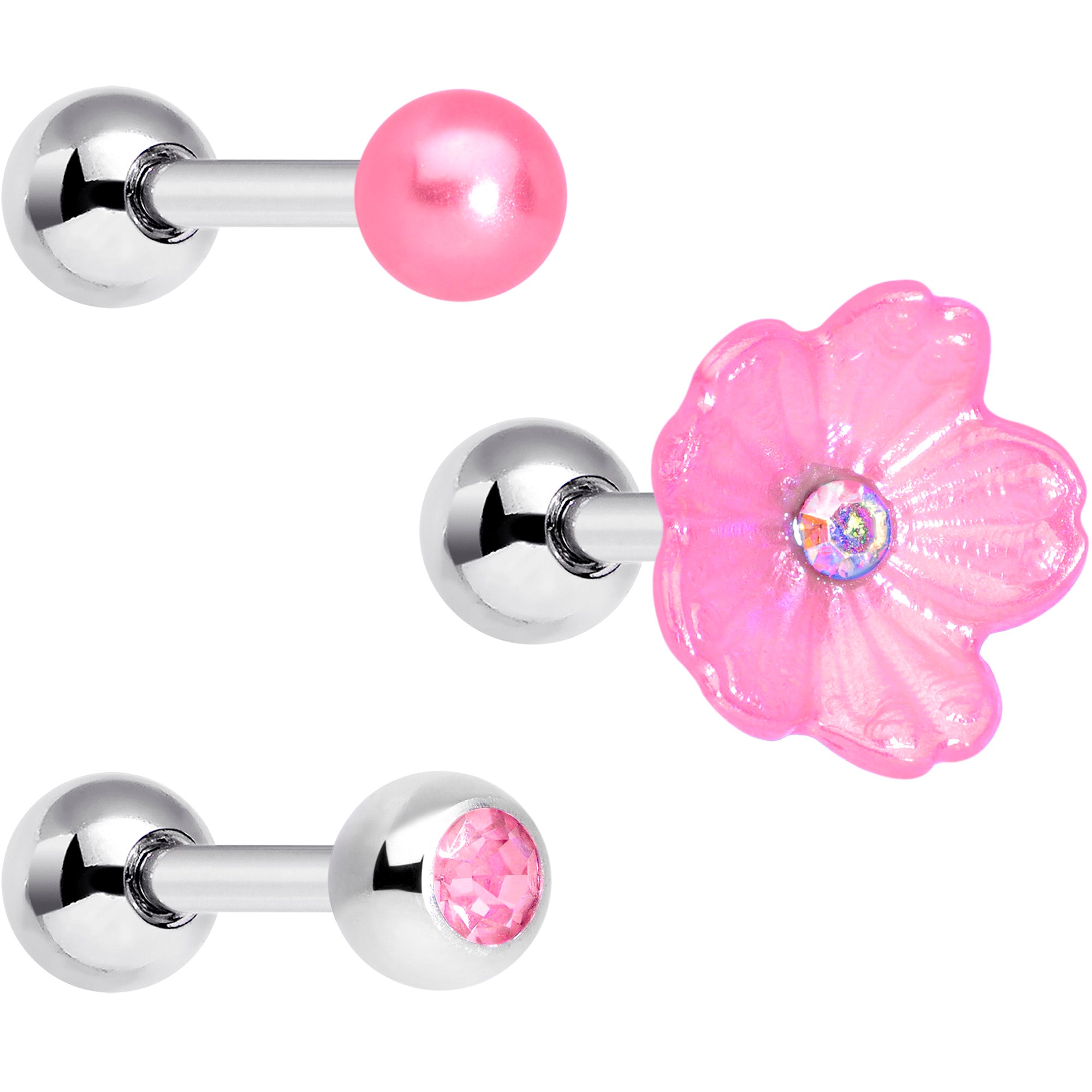 16 Gauge 1/4 Pink Aurora Gem Flower Cartilage Tragus Earring Set of 3