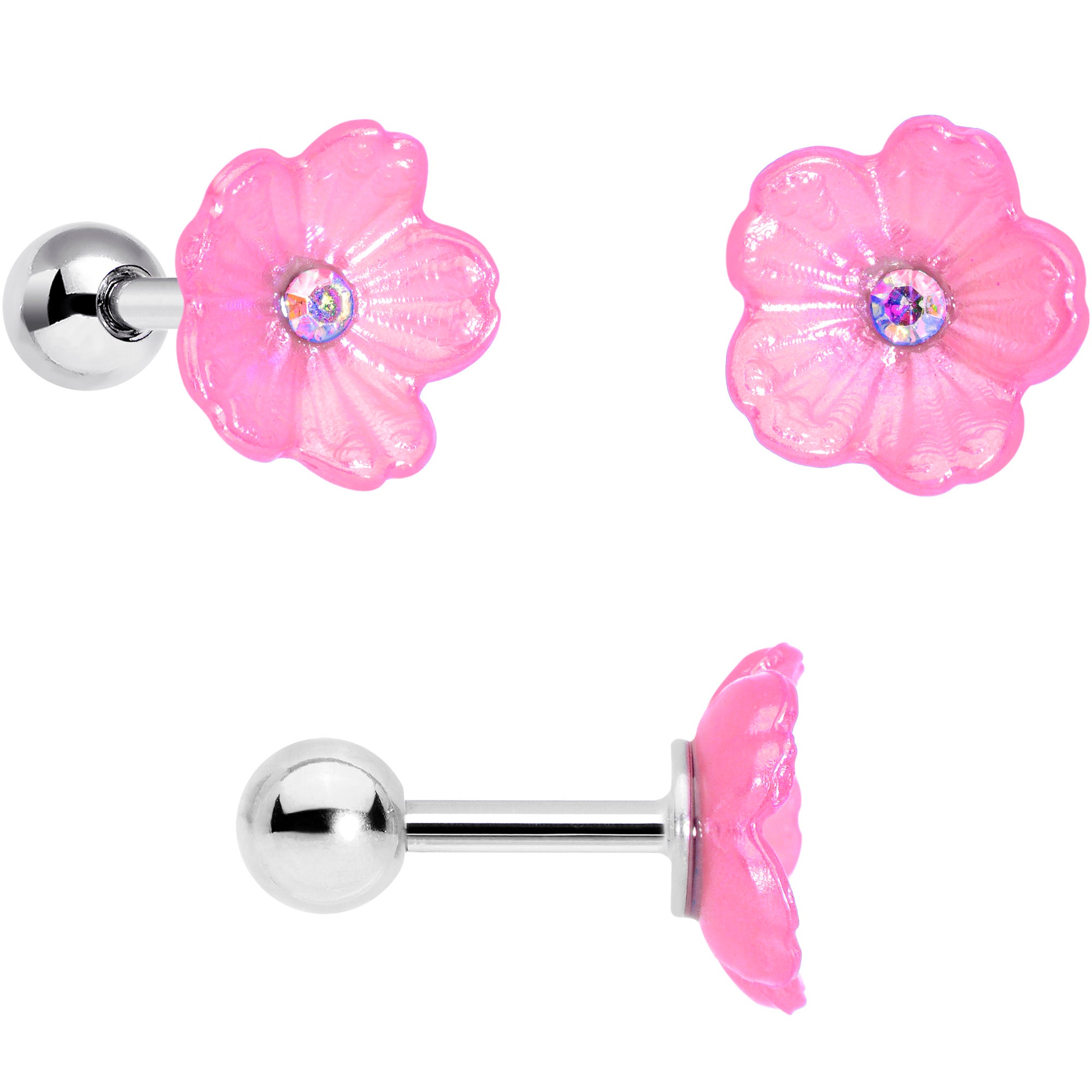 16 Gauge 1/4 Pink Aurora Gem Flower Cartilage Tragus Earring Set of 3