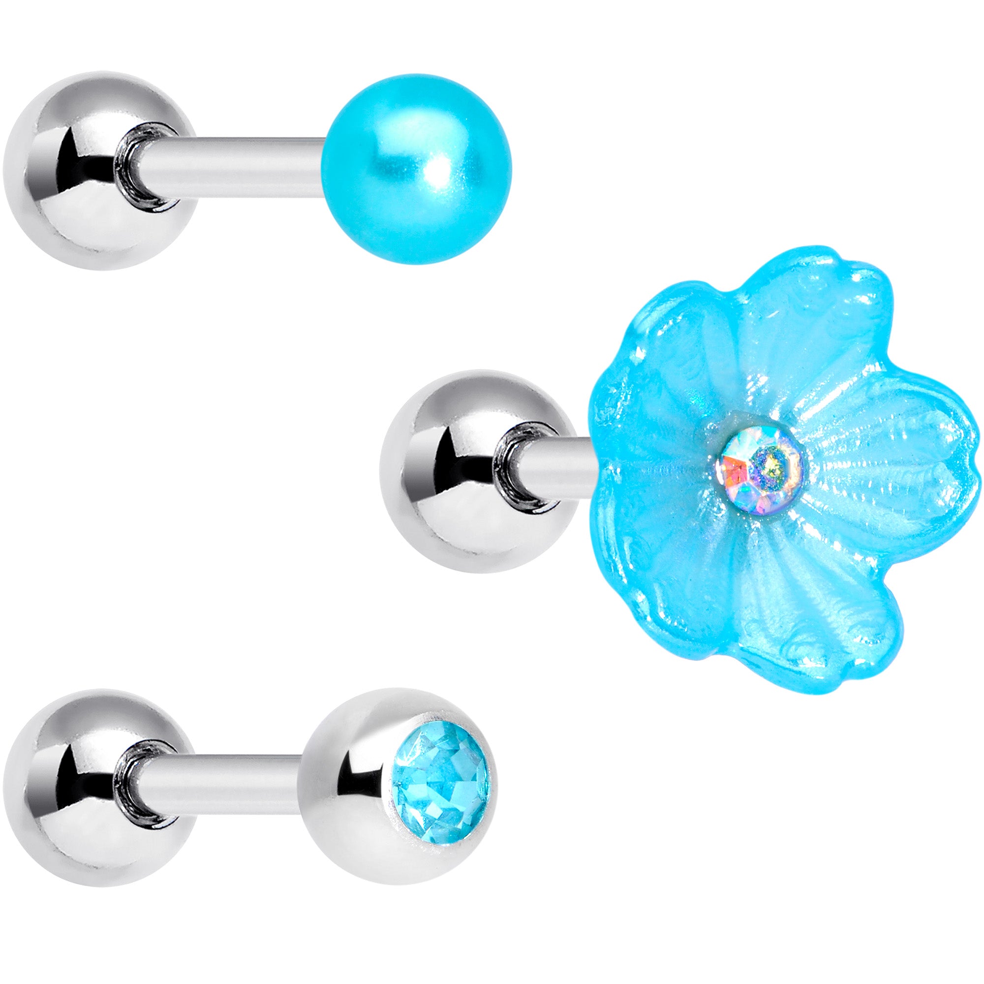 16 Gauge 1/4 Aqua Aurora Gem Flower Cartilage Tragus Earring Set of 3