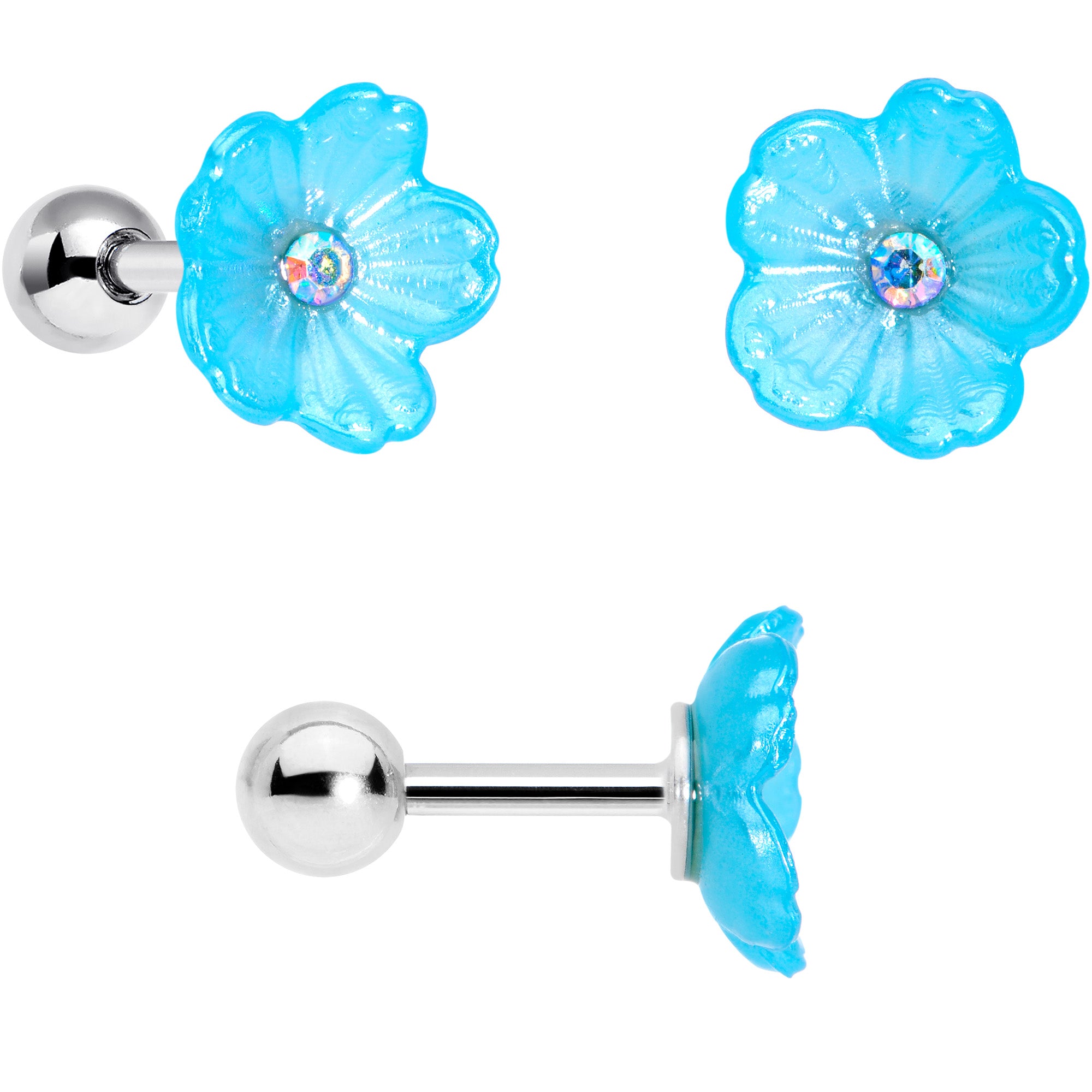 16 Gauge 1/4 Aqua Aurora Gem Flower Cartilage Tragus Earring Set of 3