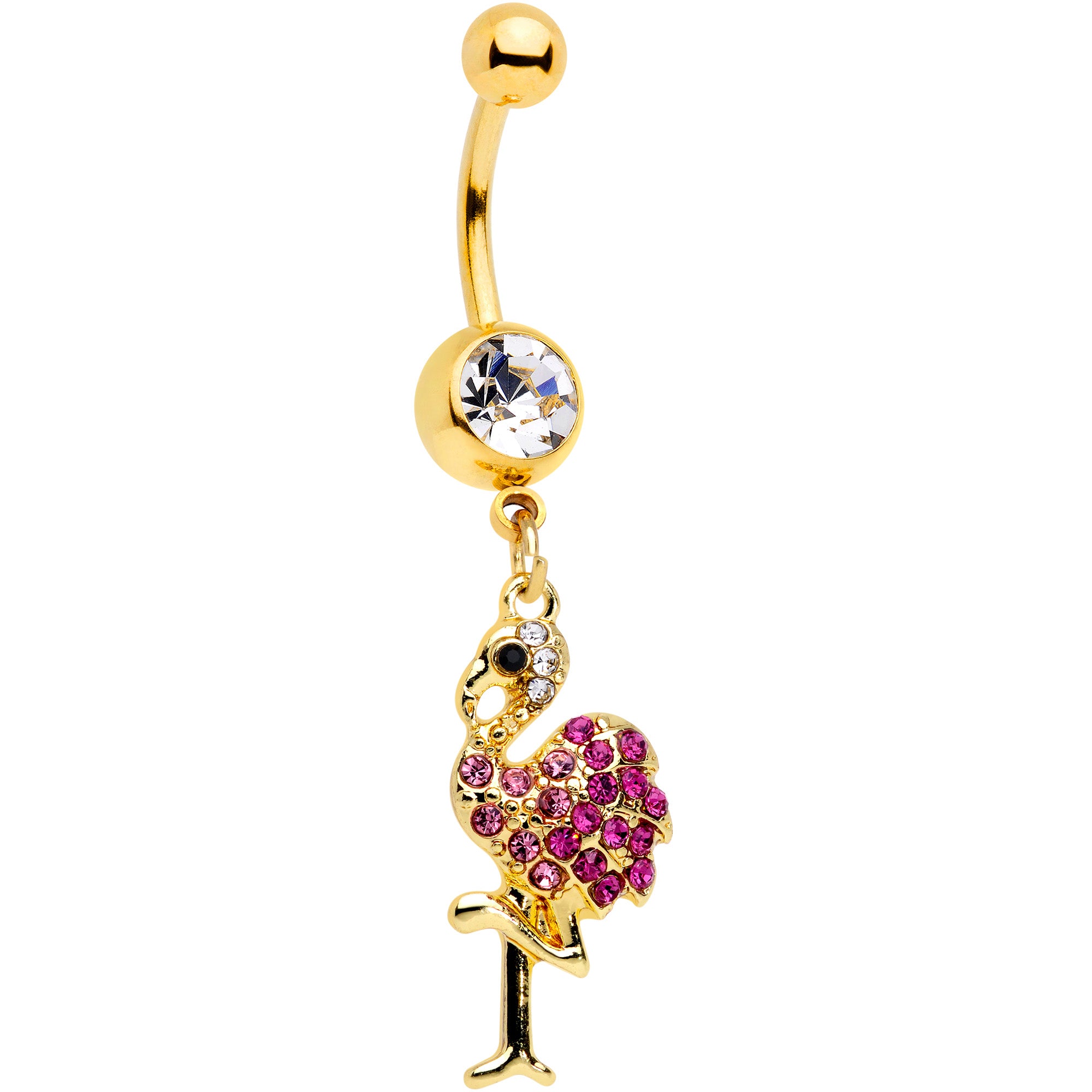 Clear Pink Gem Gold Tone Fashion Flamingo Dangle Belly Ring