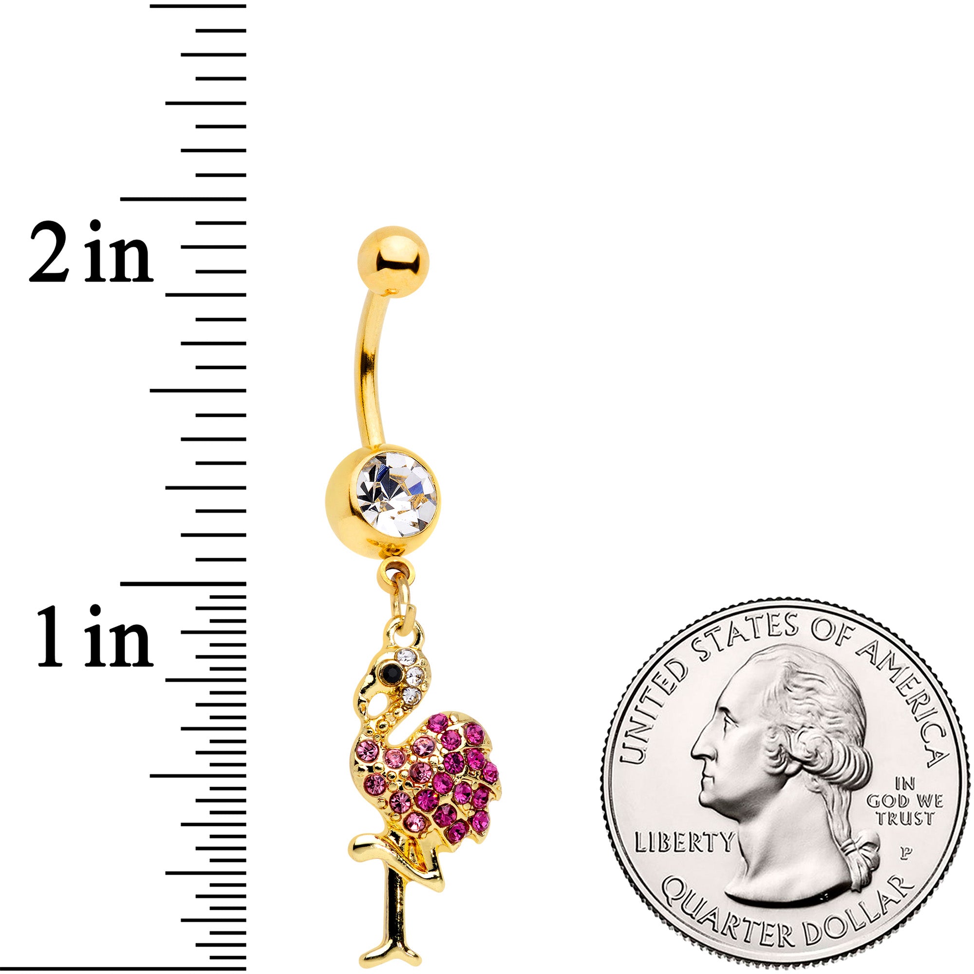 Clear Pink Gem Gold Tone Fashion Flamingo Dangle Belly Ring