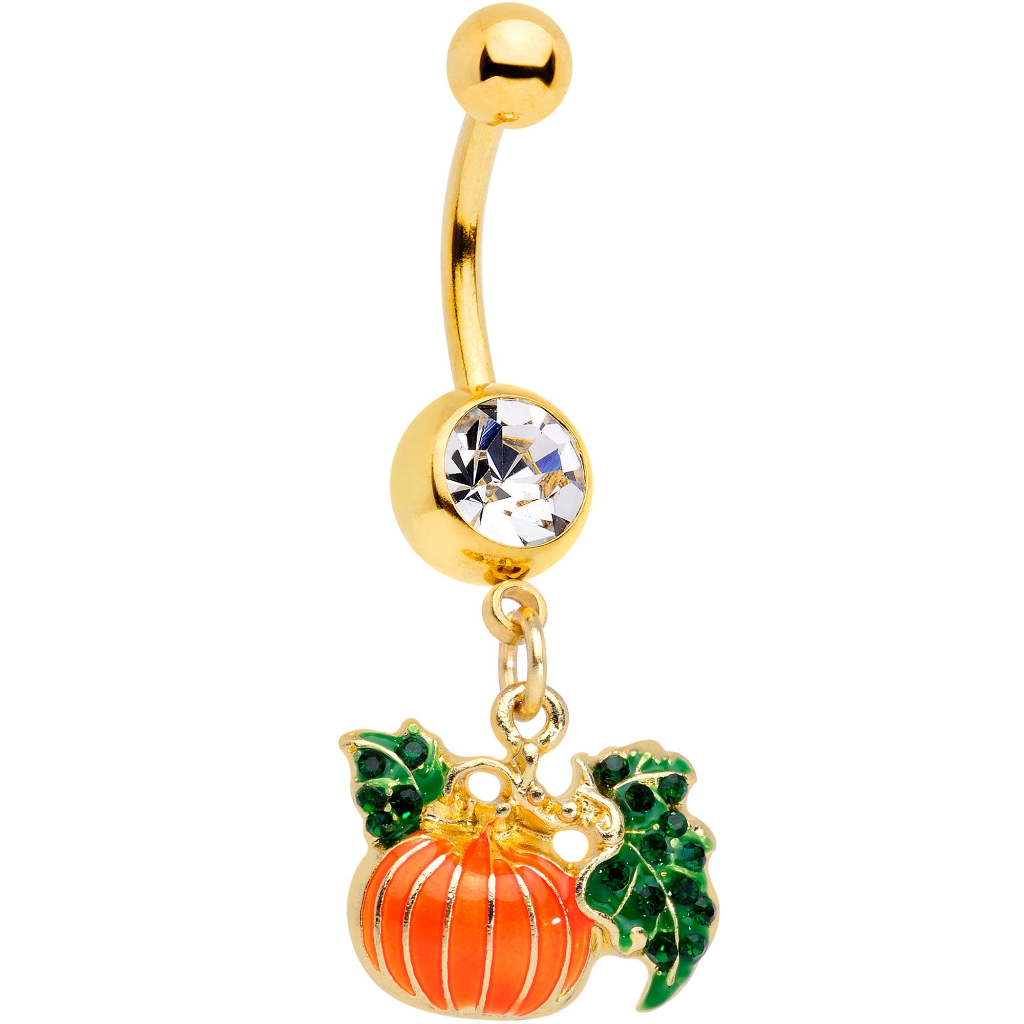 Clear Gem Gold Tone Autumn Pumpkin Halloween Dangle Belly Ring