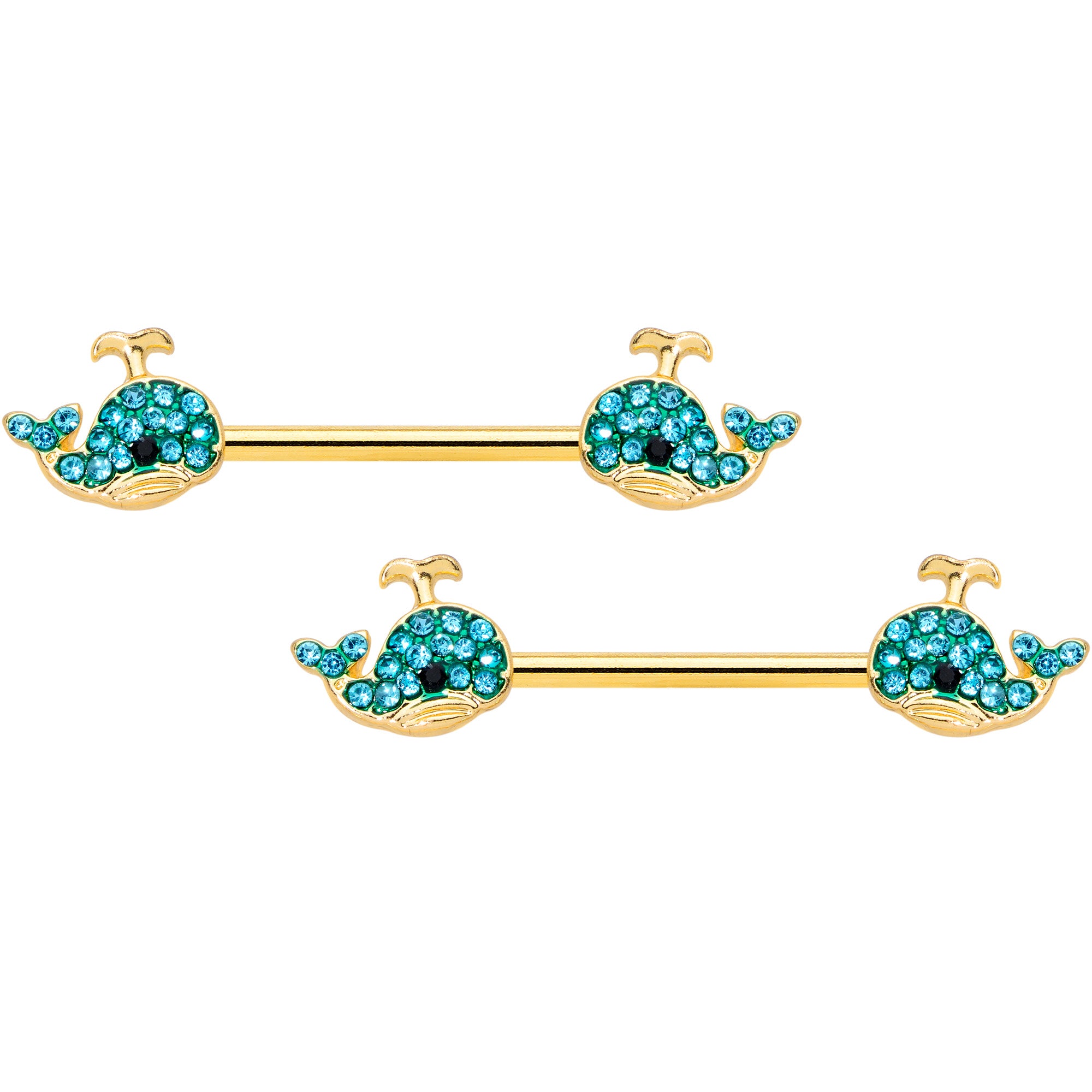 14 Gauge 9/16 Aqua Gem Gold Tone Blue Whale Nipple Ring Set