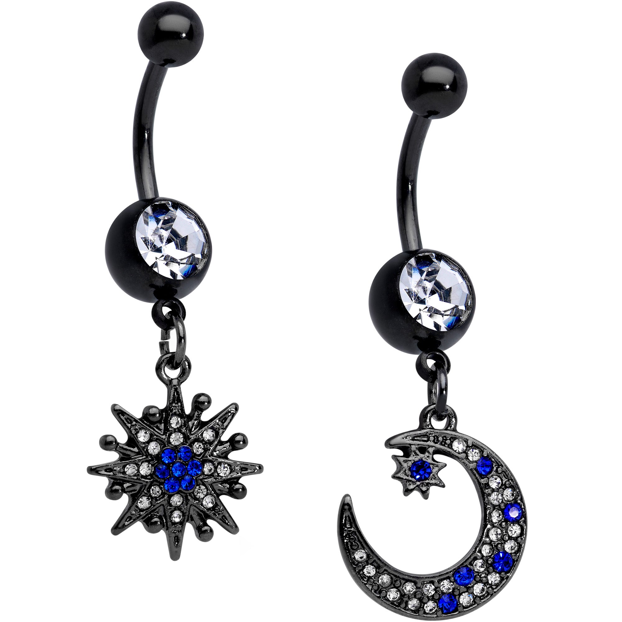 Blue Clear Gem Black Star Crescent Moon Dangle Belly Ring Set of 2