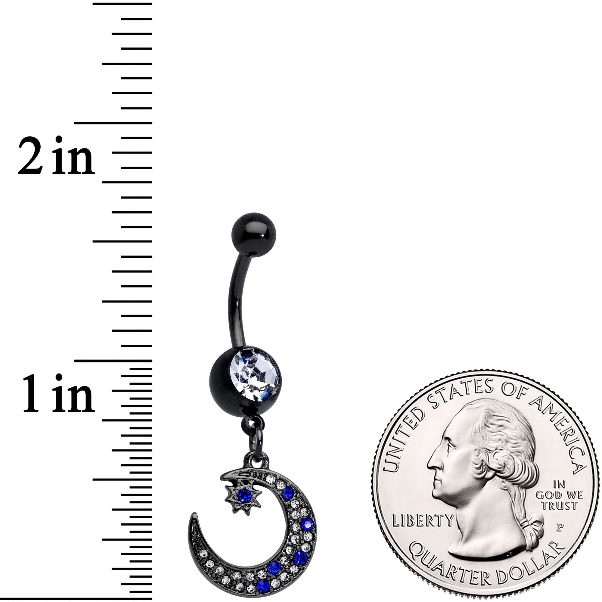 Blue Clear Gem Black Star Crescent Moon Dangle Belly Ring Set of 2