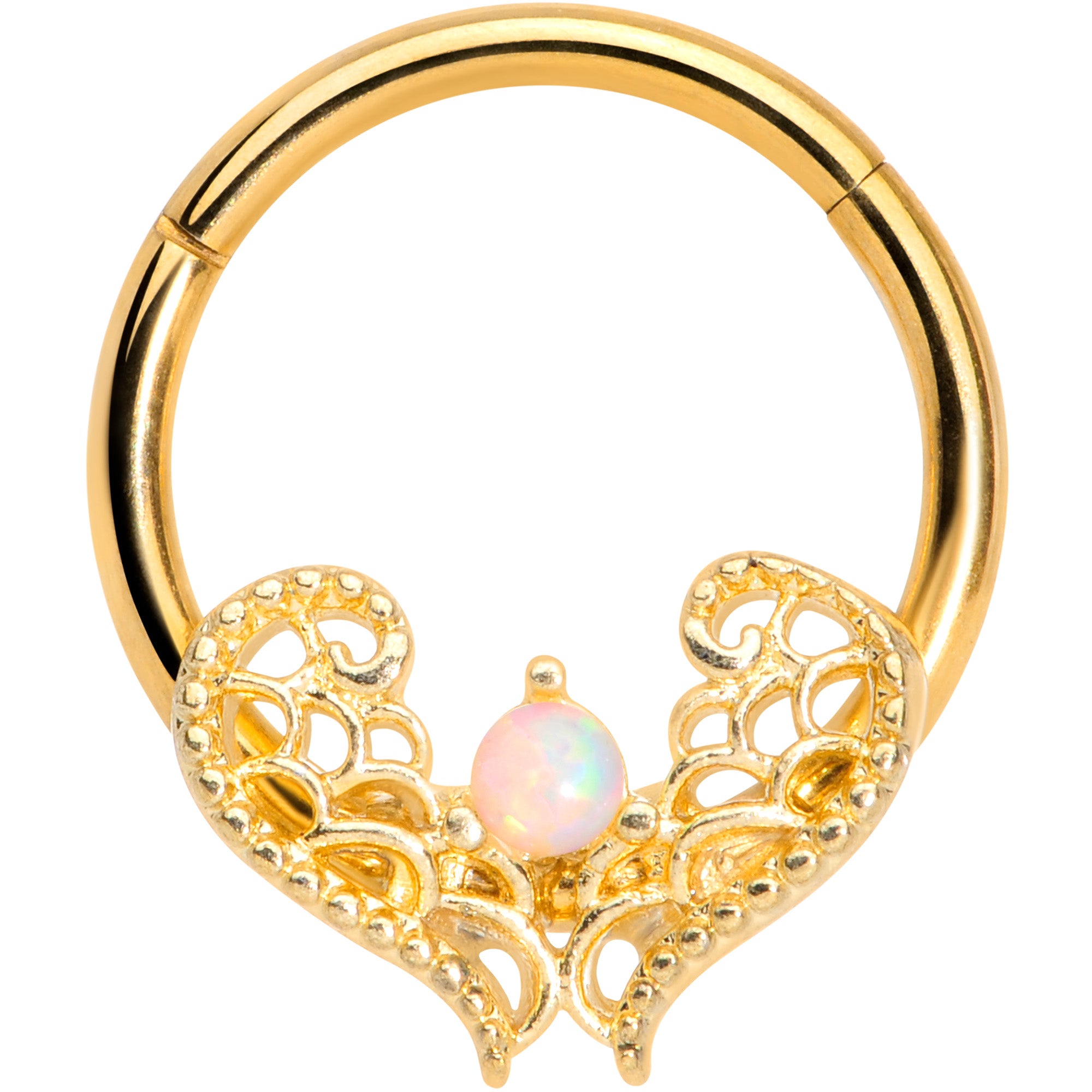 16 Gauge 3/8 White Synth Opal Gold Tone Lace Heart Hinged Segment Ring