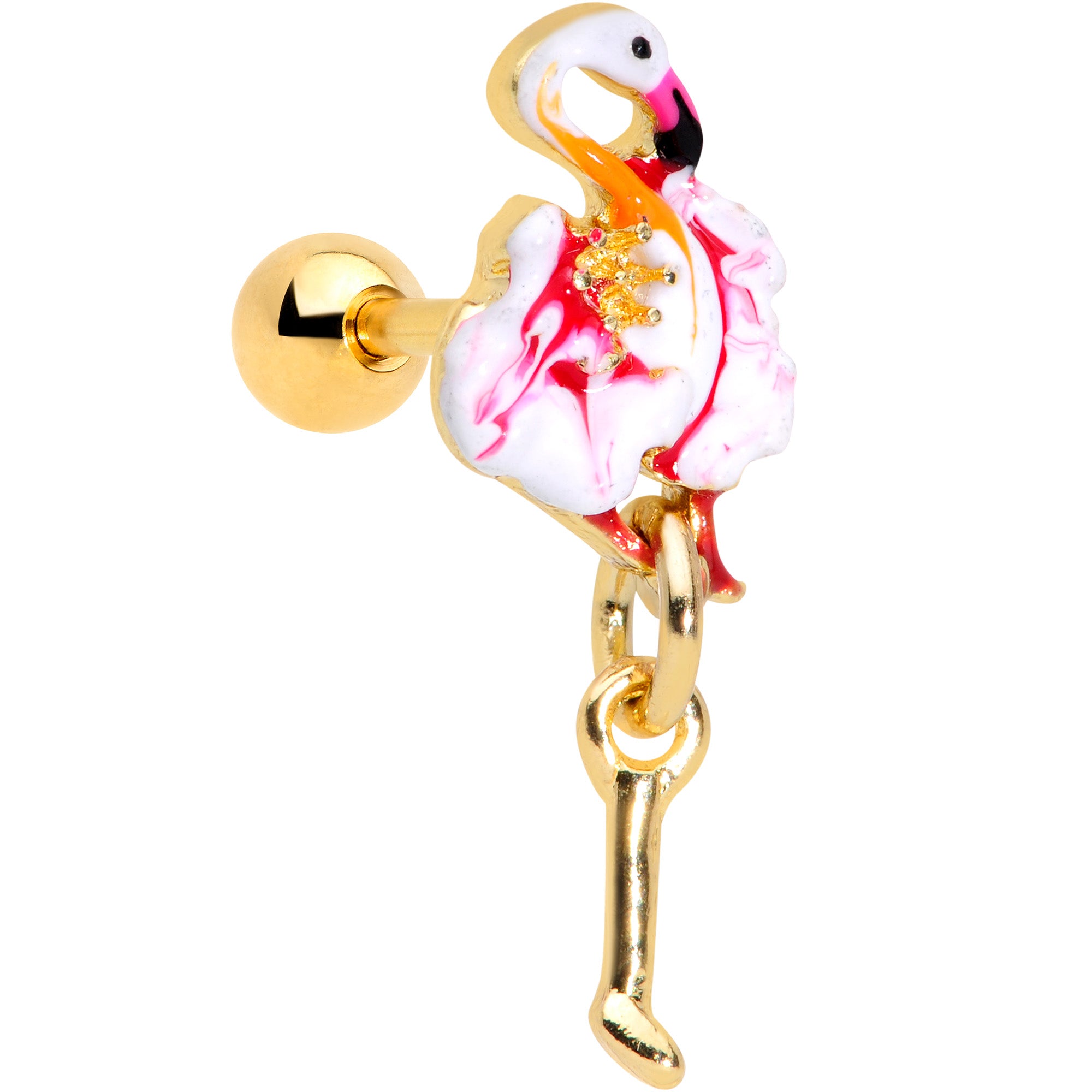 16 Gauge 1/4 Gold Tone Pink Flamingo Dangle Cartilage Tragus Earring