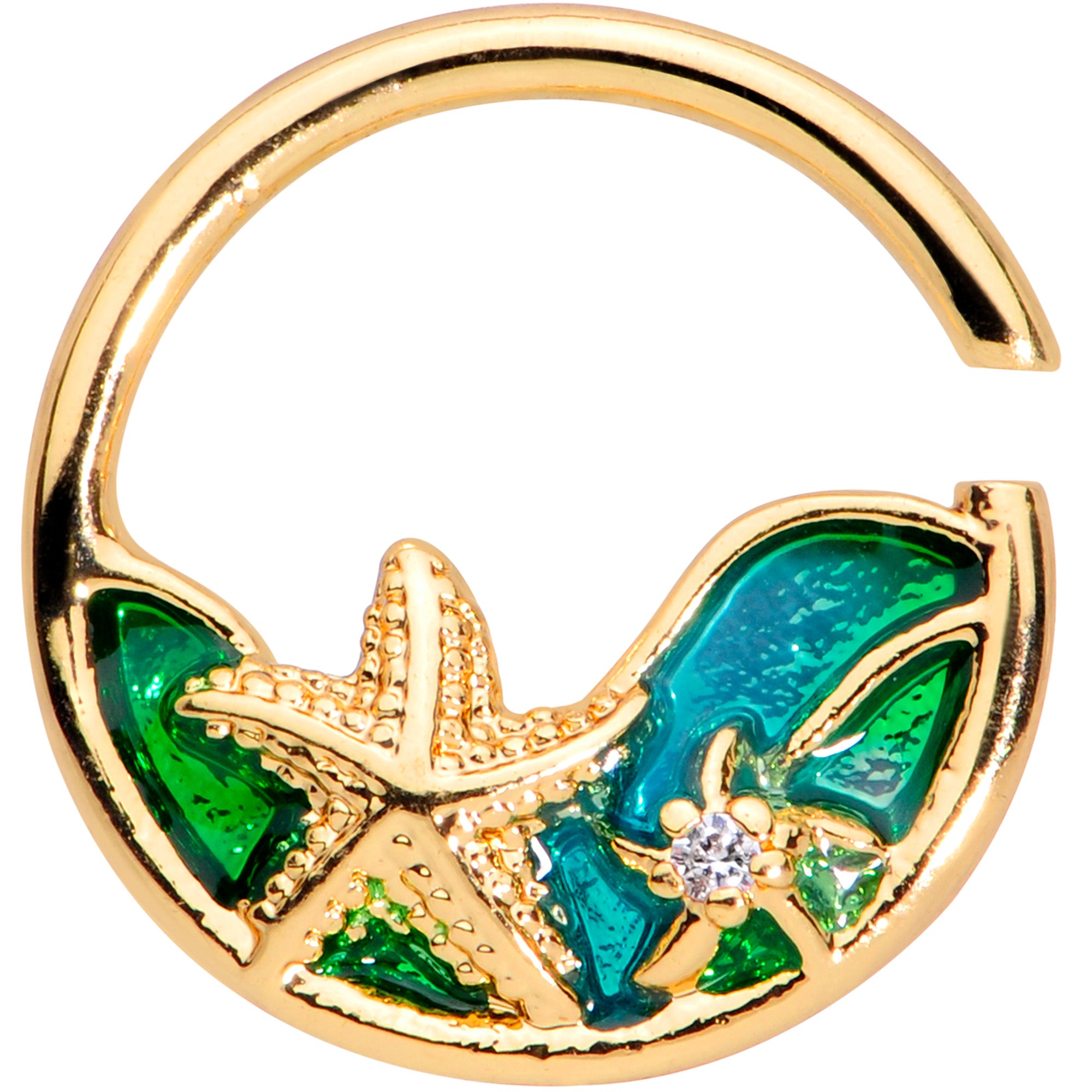 18 Gauge 3/8 Clear Gem Gold Tone Starfish Nautical Closure Ring