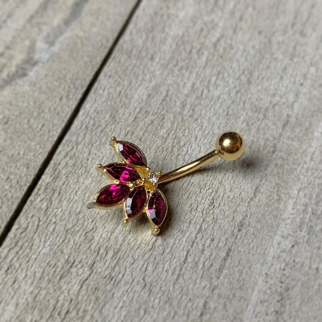 Dark Red Gem Gold Tone Autumn Leaves Belly Ring