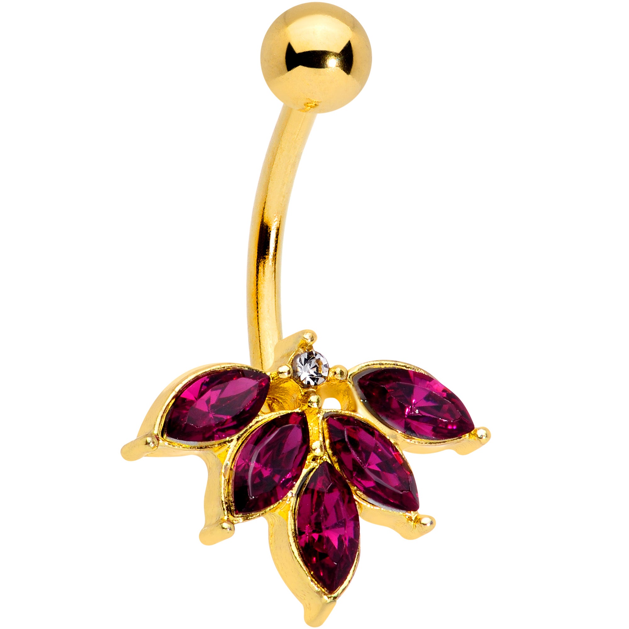 Dark Red Gem Gold Tone Autumn Leaves Belly Ring