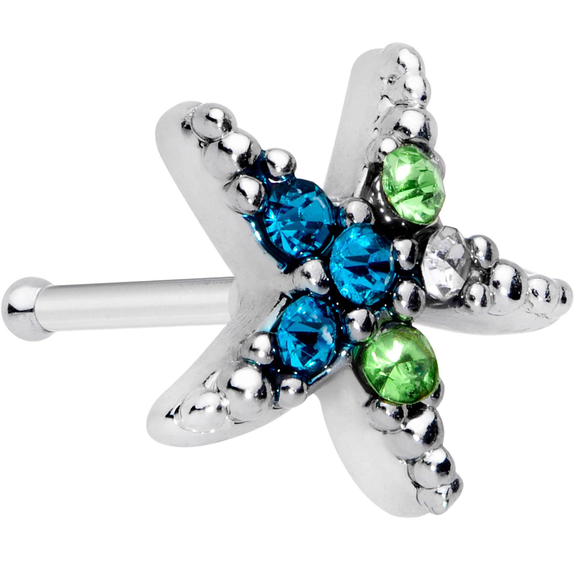 20 Gauge 5/16 Blue Green Gem Glam Starfish Nose Bone