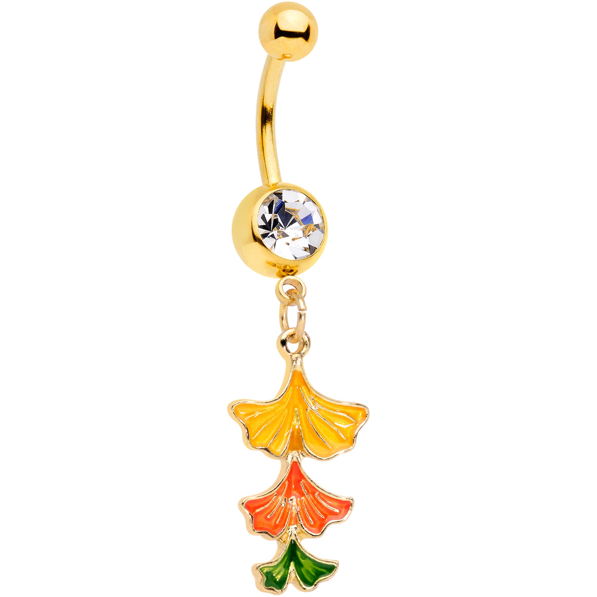 Clear Gem Gold Tone Autumn Leaves Fall Dangle Belly Ring