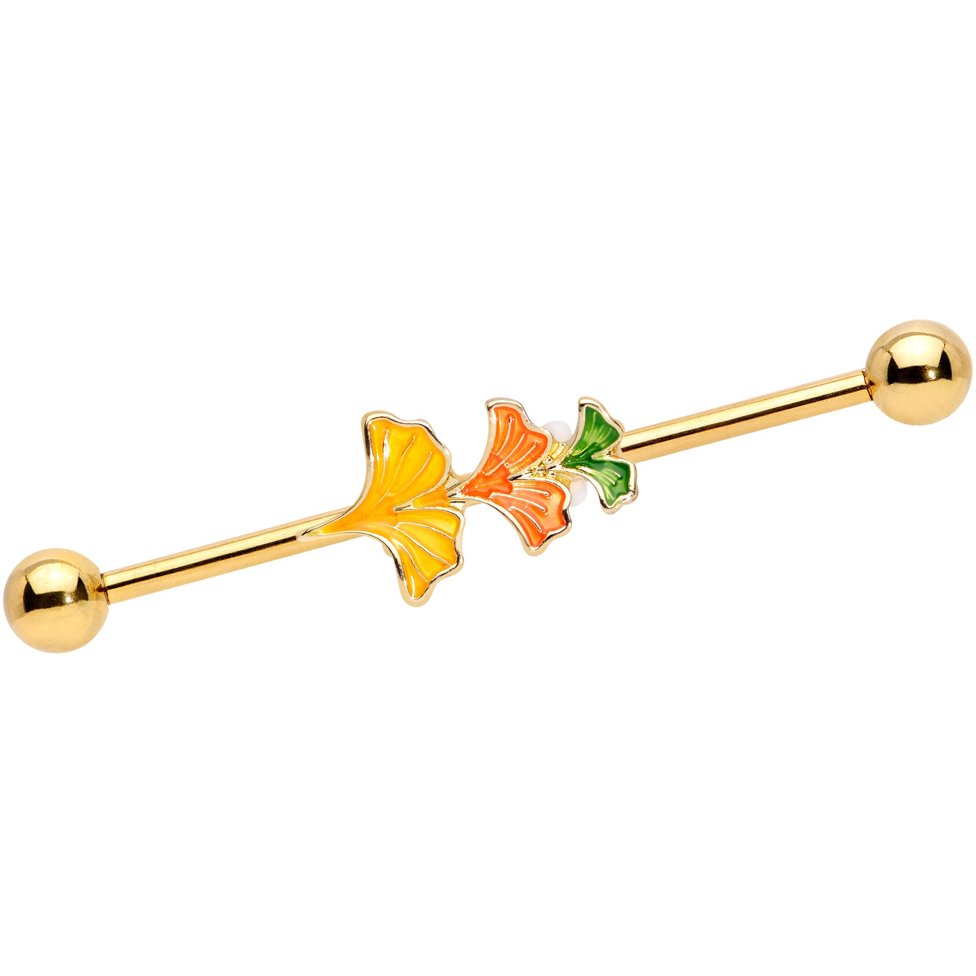 14 Gauge Gold Tone Autumn Leaves Fall Industrial Barbell 38mm