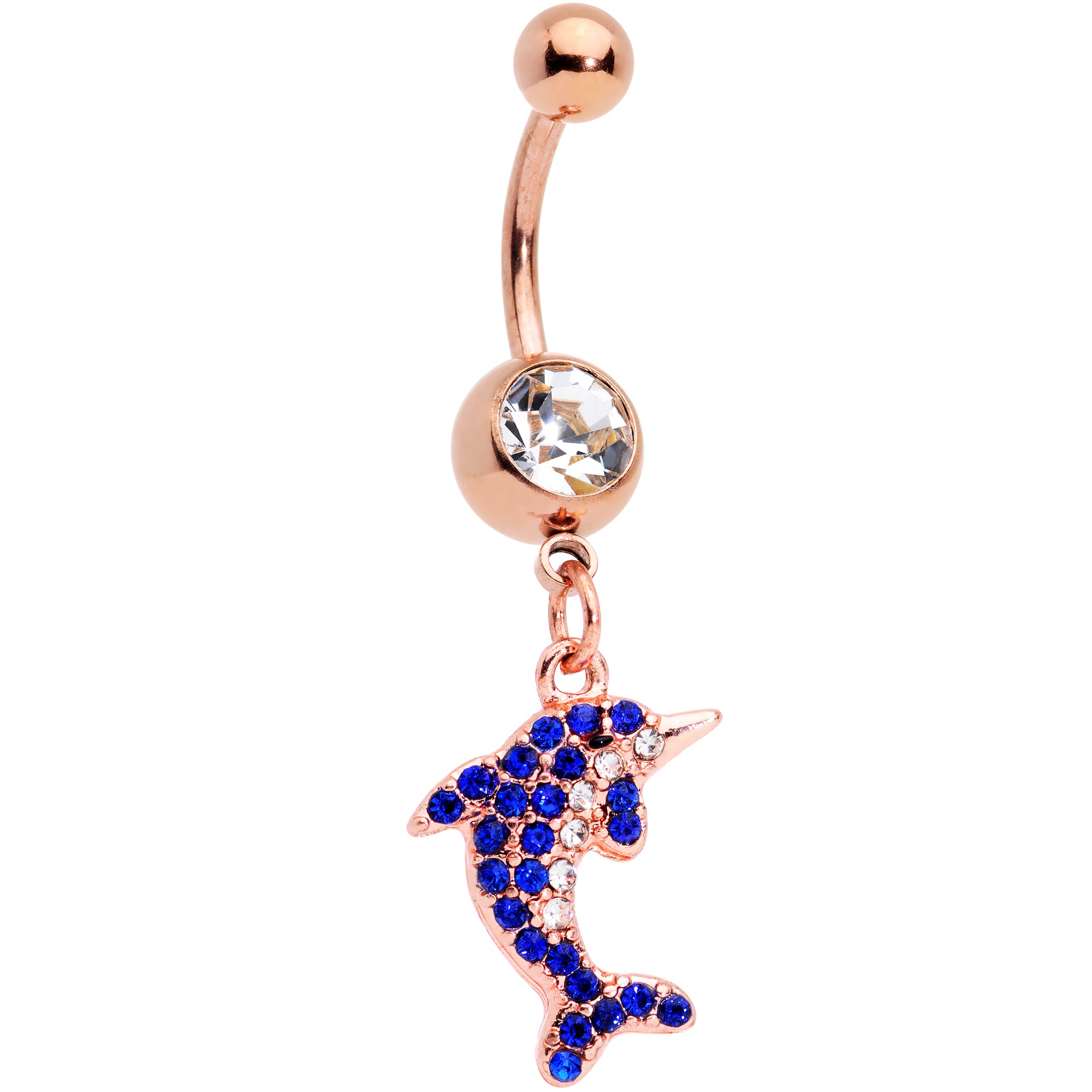 Clear Blue Gem Rose Gold Tone Dolphin Dangle Belly Ring