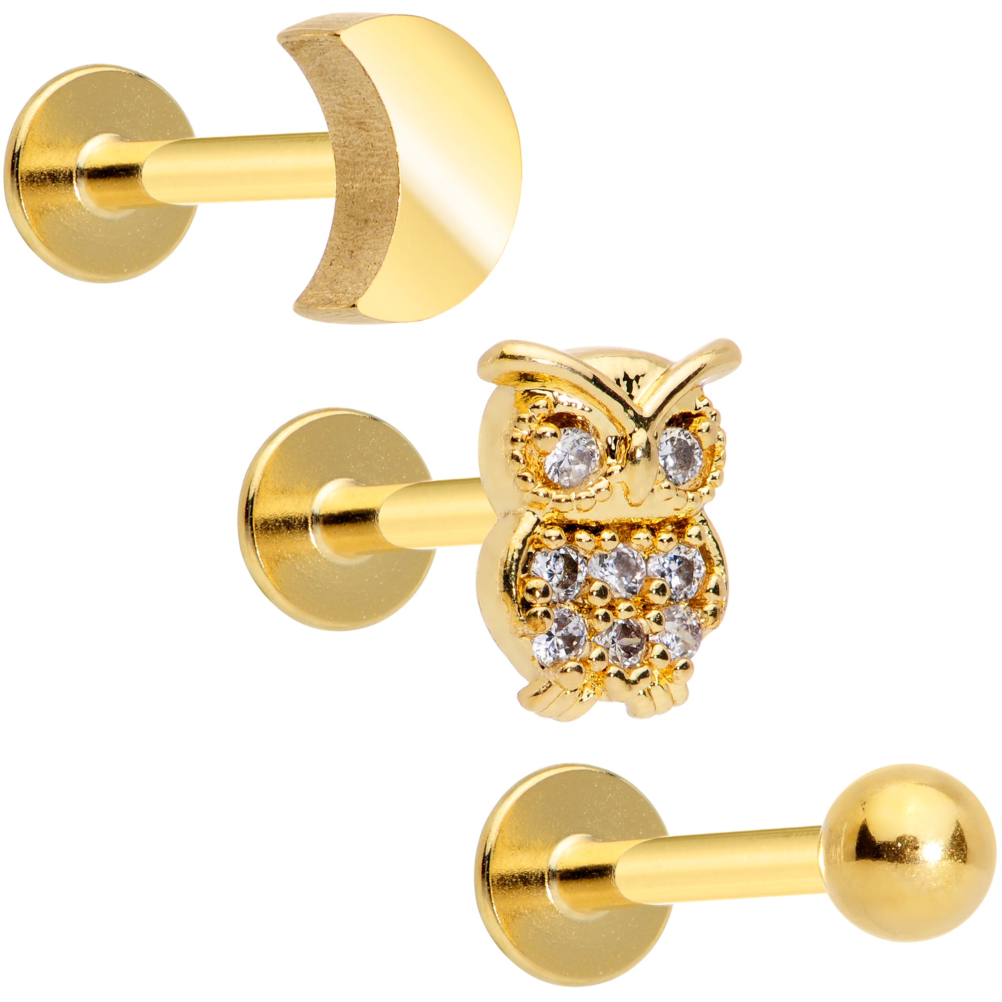 16 Gauge 5/16 Gold Tone Clear Gem Owl Moon Labret Tragus Set of 3