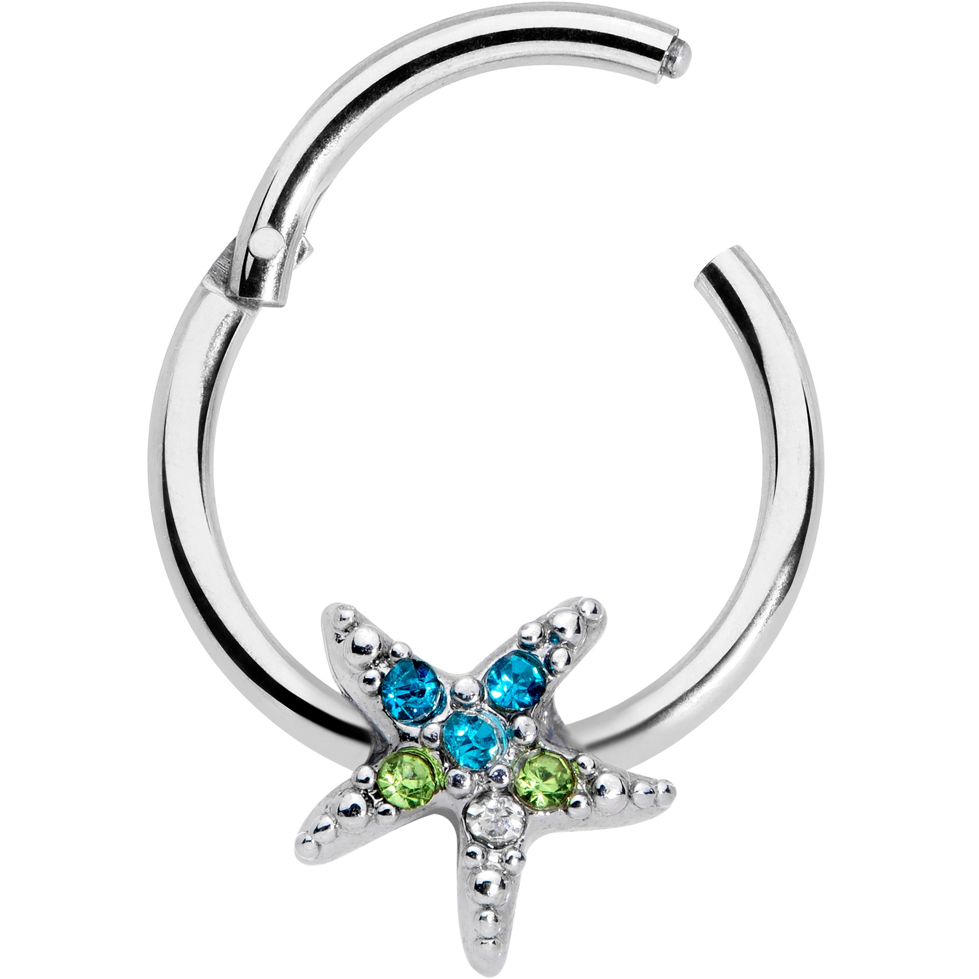 16 Gauge 3/8 Blue Green Gem Glam Starfish Hinged Segment Ring