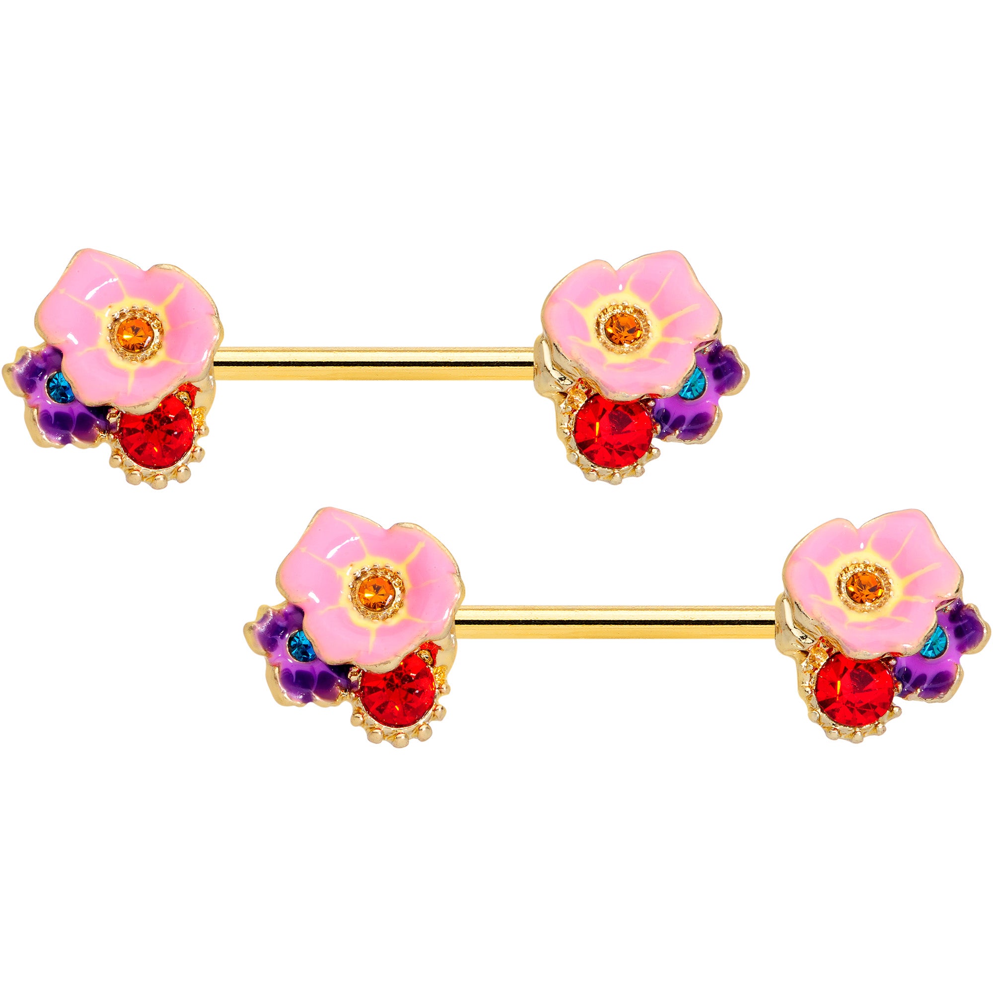 14 Gauge 9/16 Red Pink Gem Gold Tone Multi Flower Nipple Ring Set