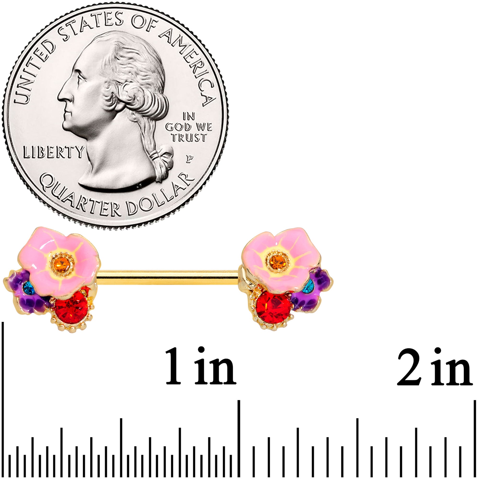 14 Gauge 9/16 Red Pink Gem Gold Tone Multi Flower Nipple Ring Set