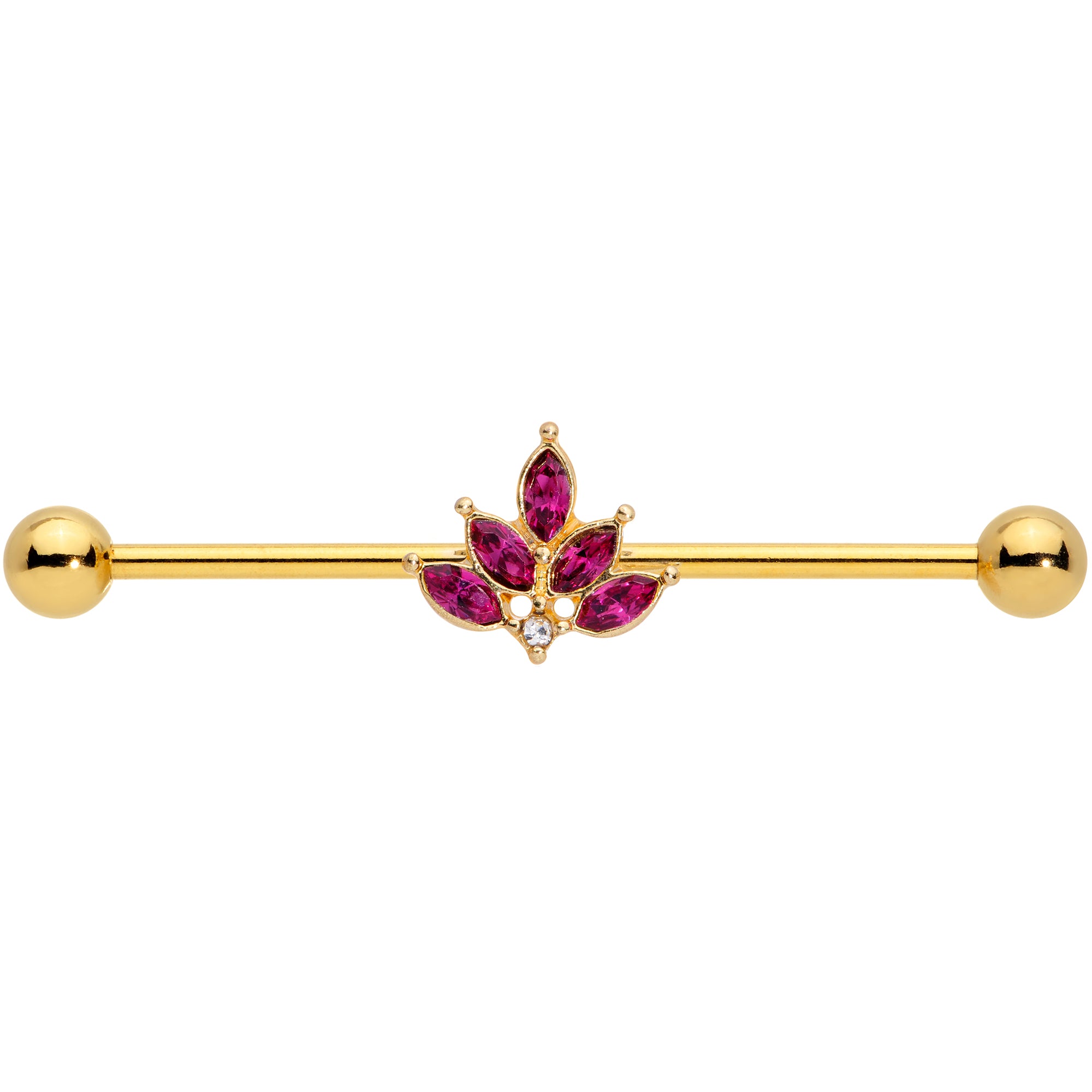 14 Gauge Dark Red Gem Gold Tone Autumn Leaves Industrial Barbell 38mm