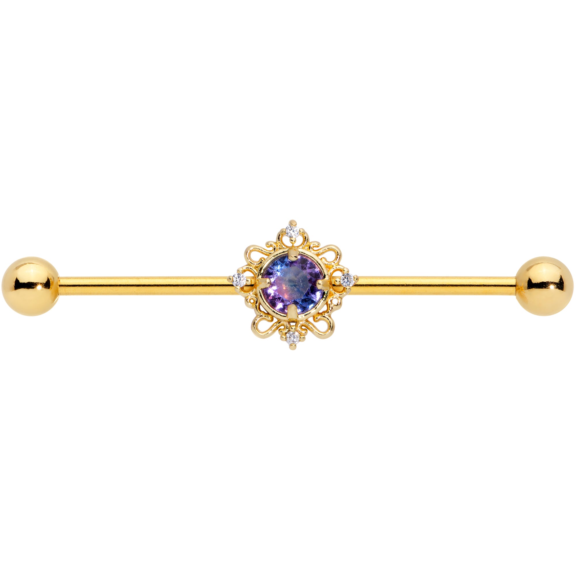 14 Gauge Purple Tourmaline Gold Tone Filigree Industrial Barbell 38mm