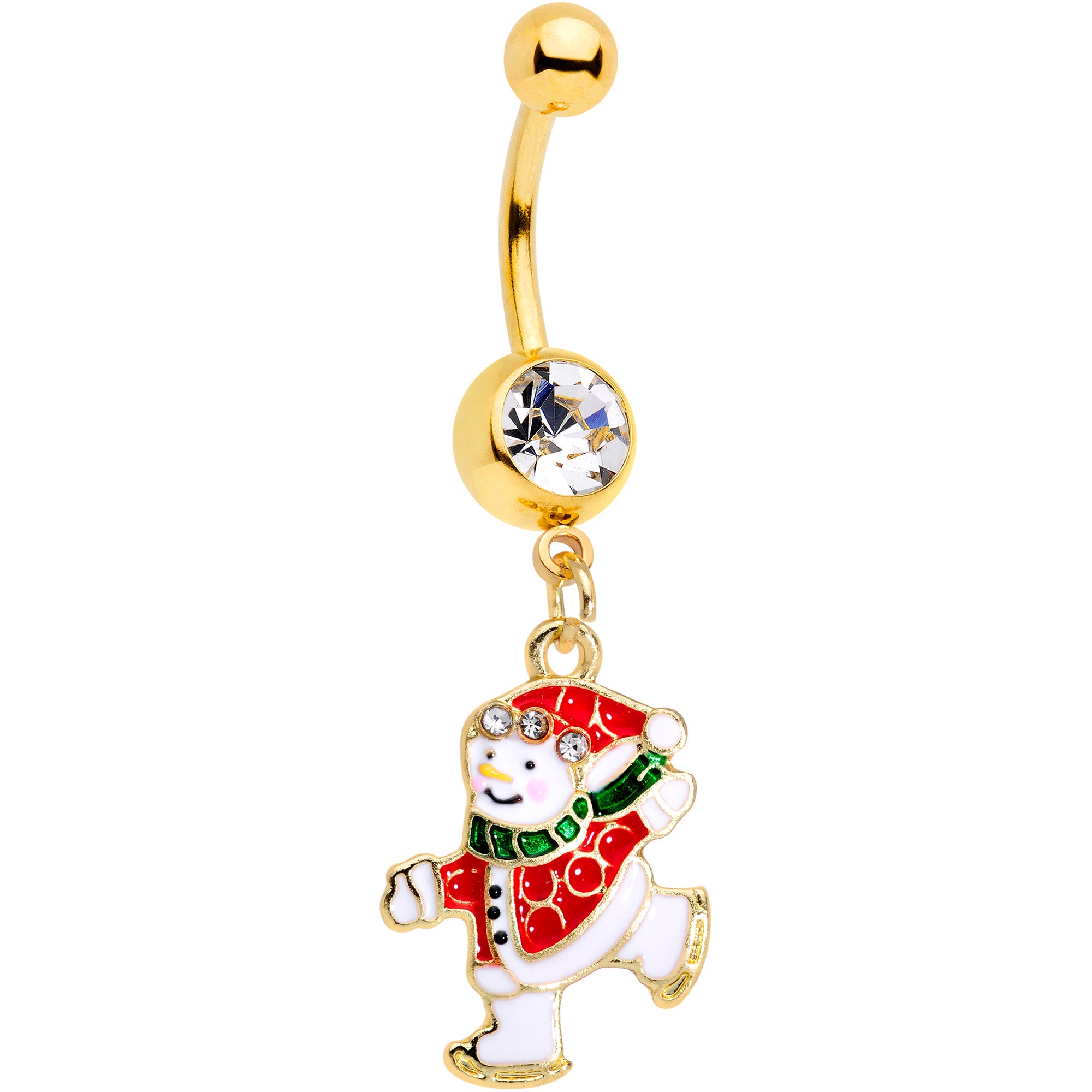 Clear Gem Gold Tone Ice Skating Snowman Christmas Dangle Belly Ring