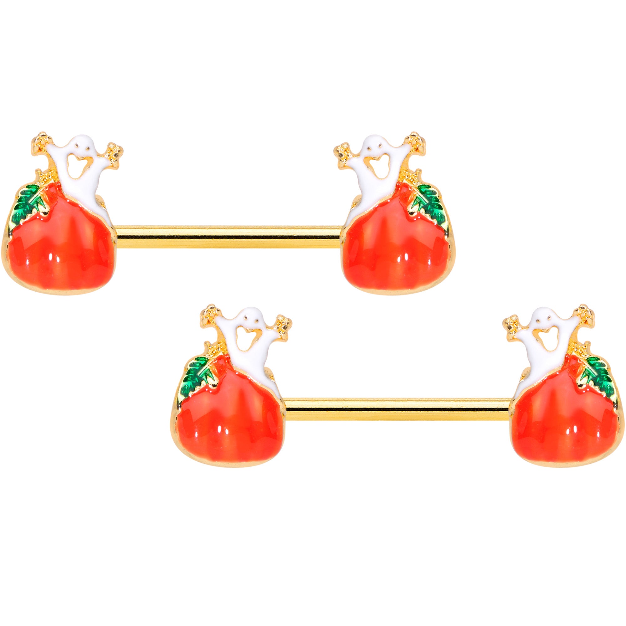 14 Gauge 9/16 Gold Tone Haunted Pumpkin Halloween Nipple Ring Set