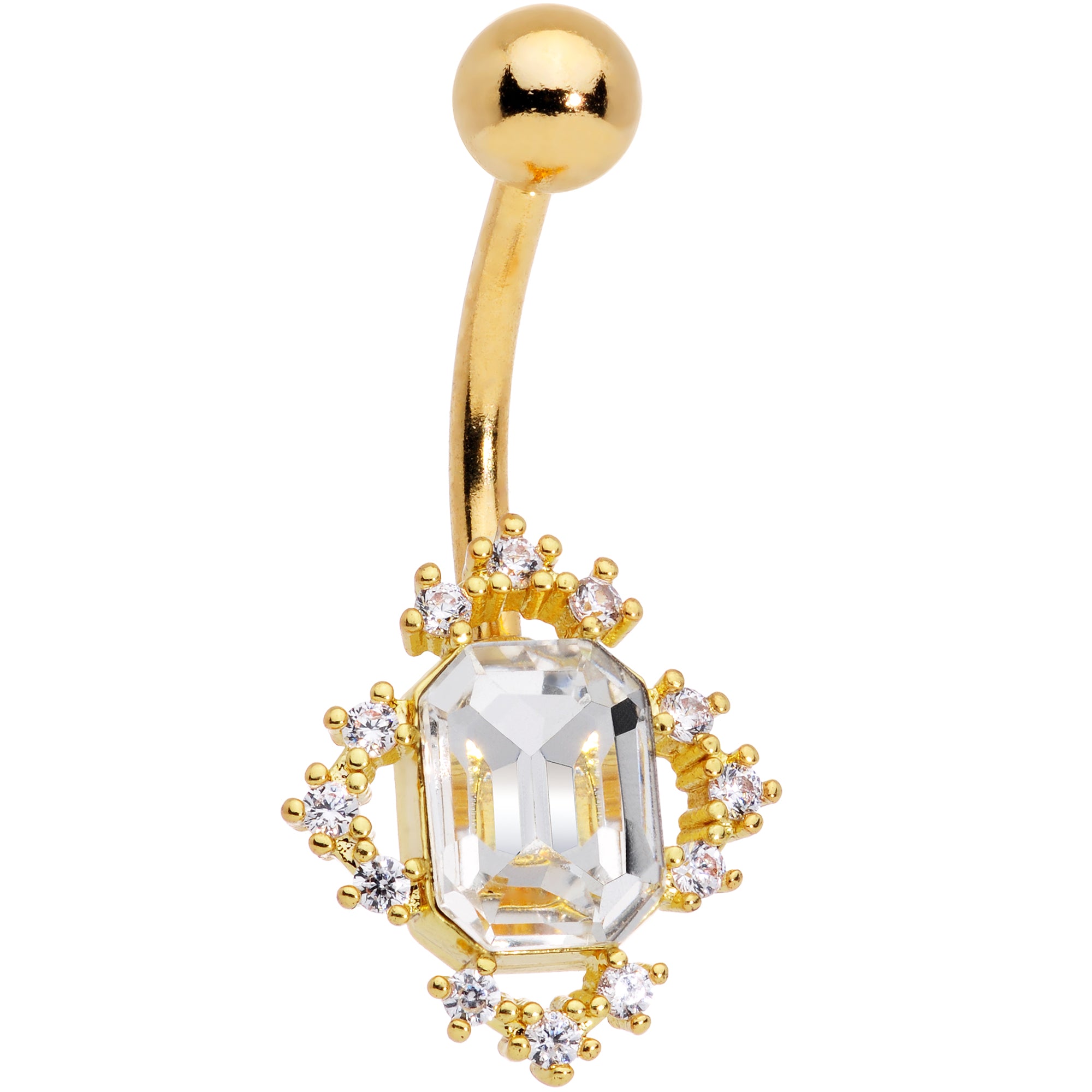 Clear CZ Gem Gold Tone Regal Rectangle Belly Ring