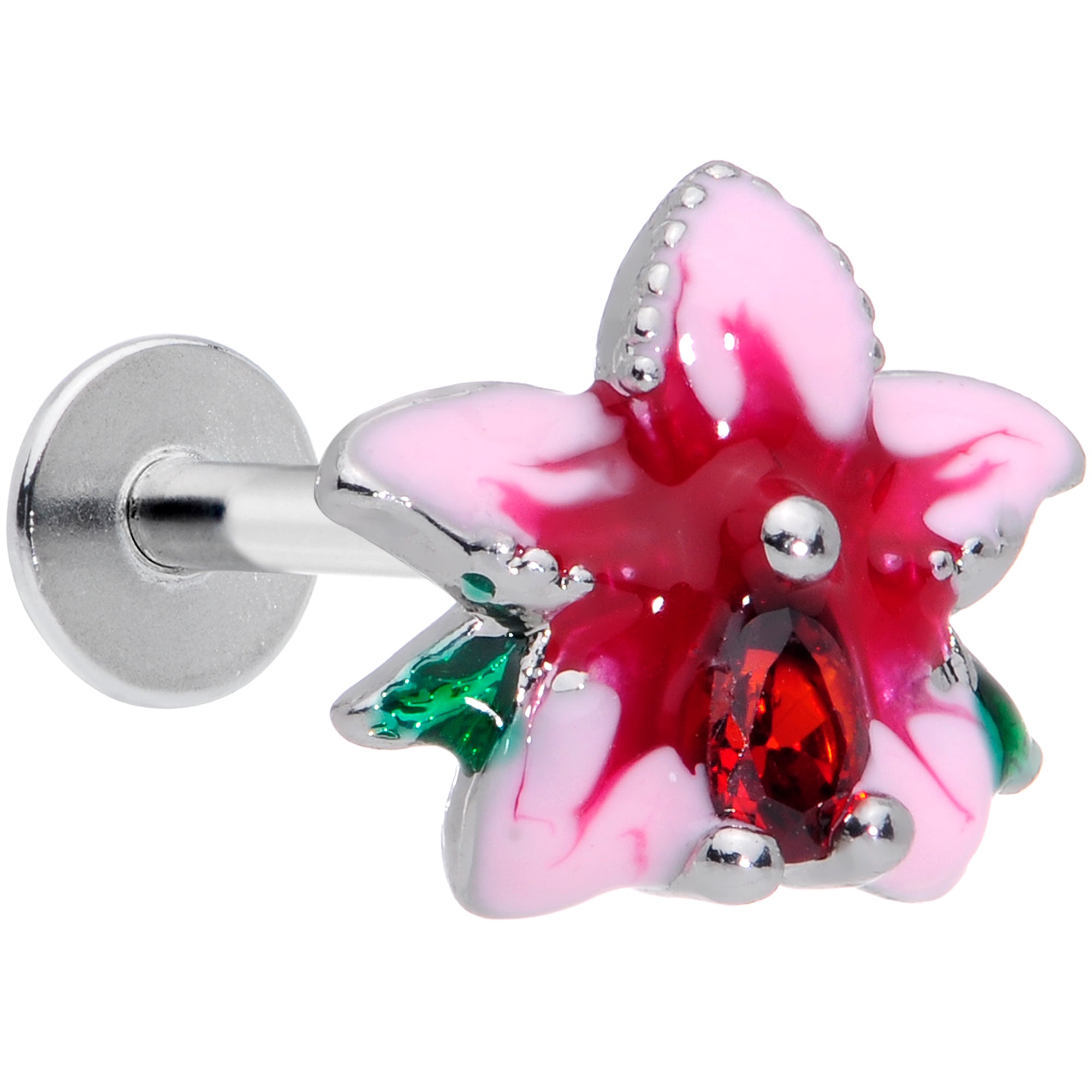 16 Gauge 5/16 Red Gem Exotic Flower Labret Monroe Tragus