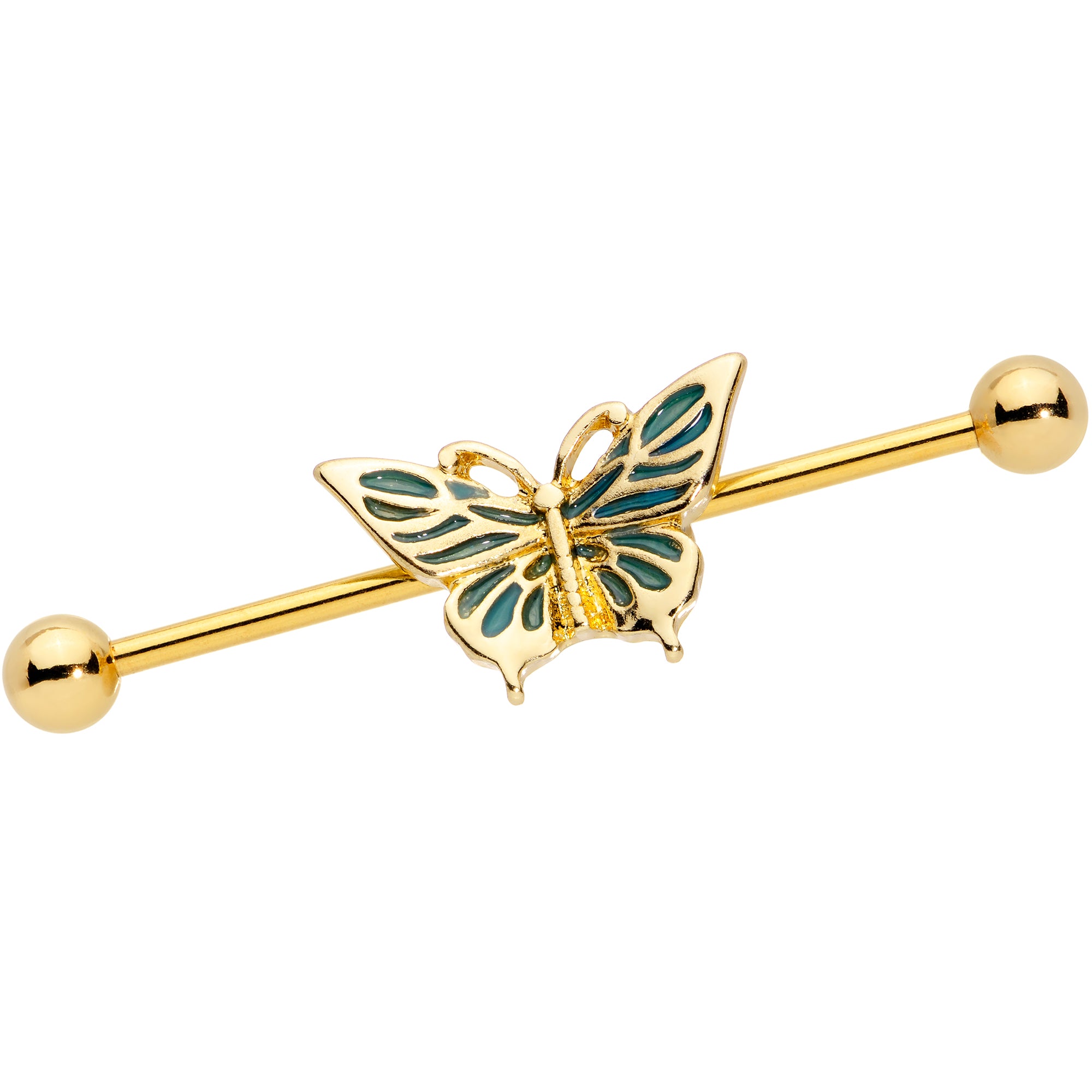 14 Gauge Gold Tone Green Inlay Butterfly Industrial Barbell 38mm