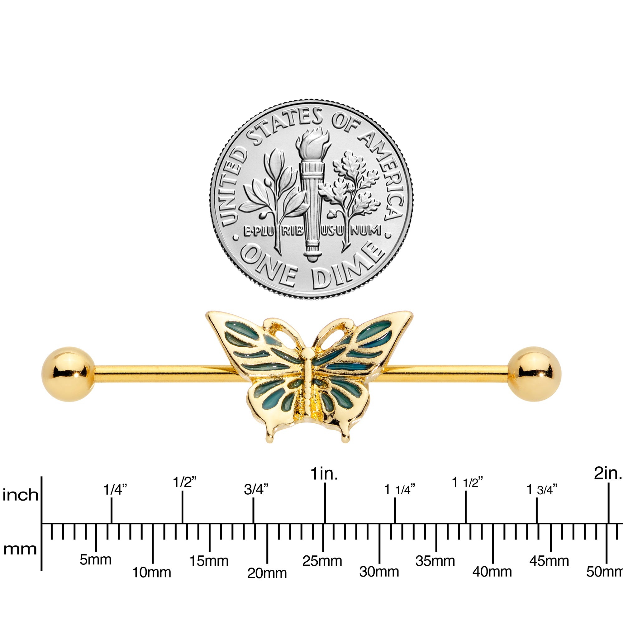 14 Gauge Gold Tone Green Inlay Butterfly Industrial Barbell 38mm