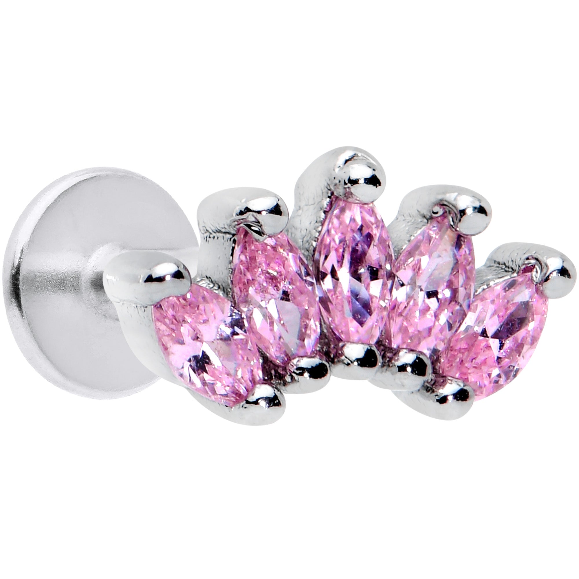 16 Gauge 1/4 Pink CZ Gem Crown Labret Monroe Tragus