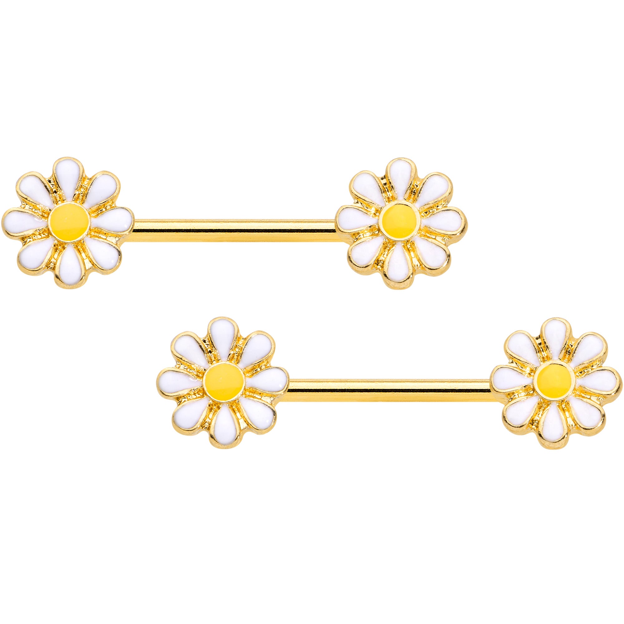 14 Gauge 9/16 Gold Tone Happy Daisy Flower Barbell Nipple Ring Set