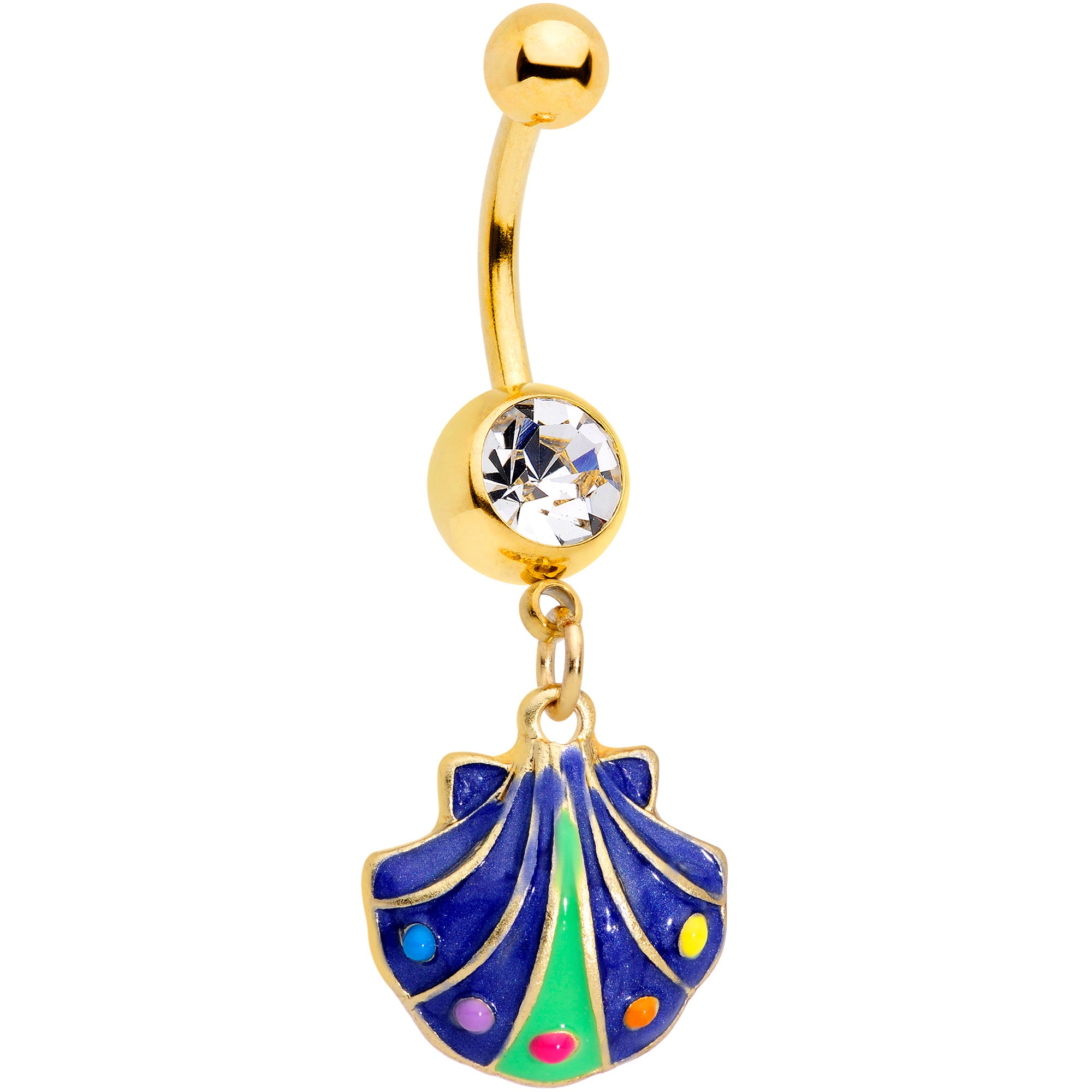 Clear Gem Gold Tone Blue Shell Dangle Belly Ring