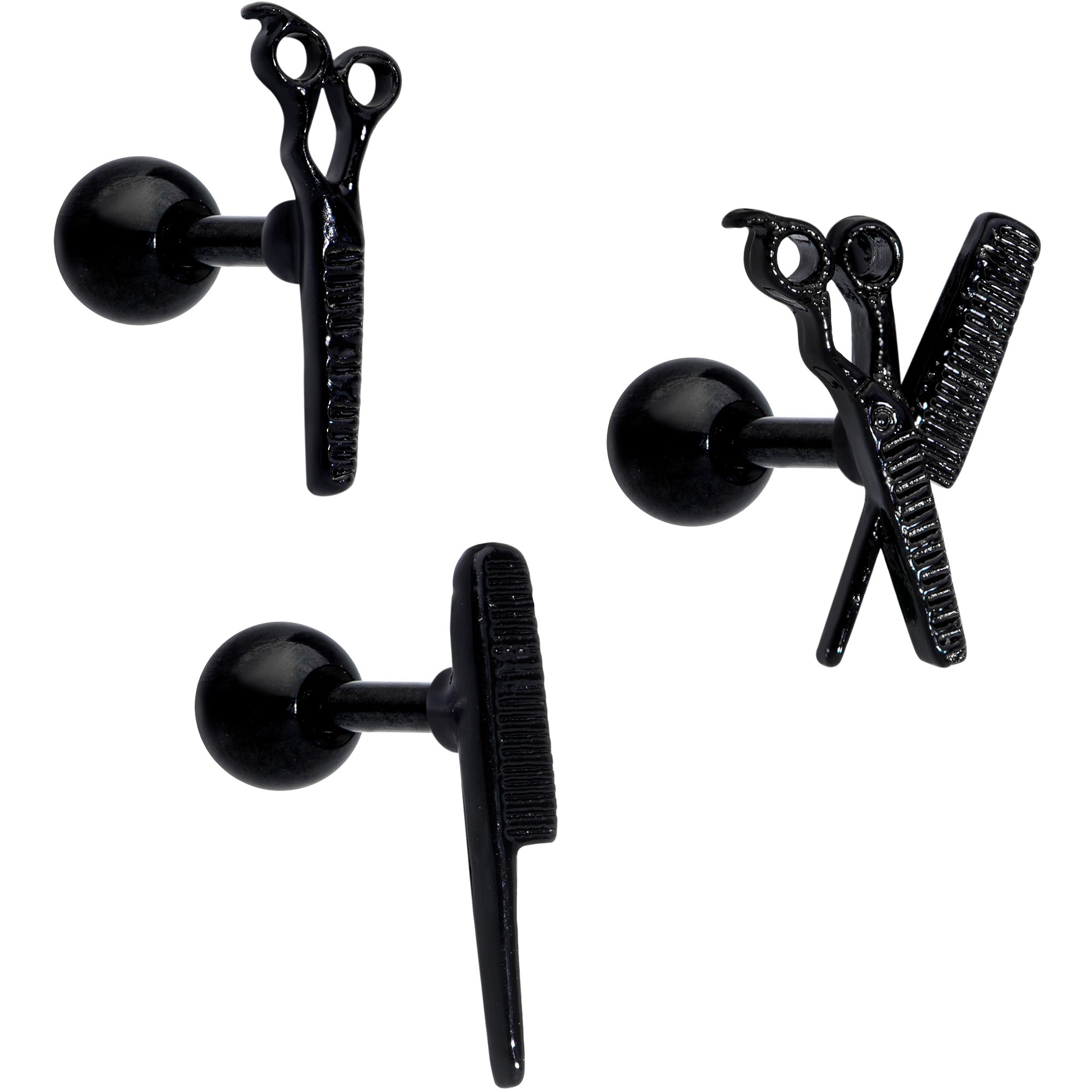 16 Gauge 1/4 Black Scissor Comb Hair Cartilage Tragus Earring Set of 3