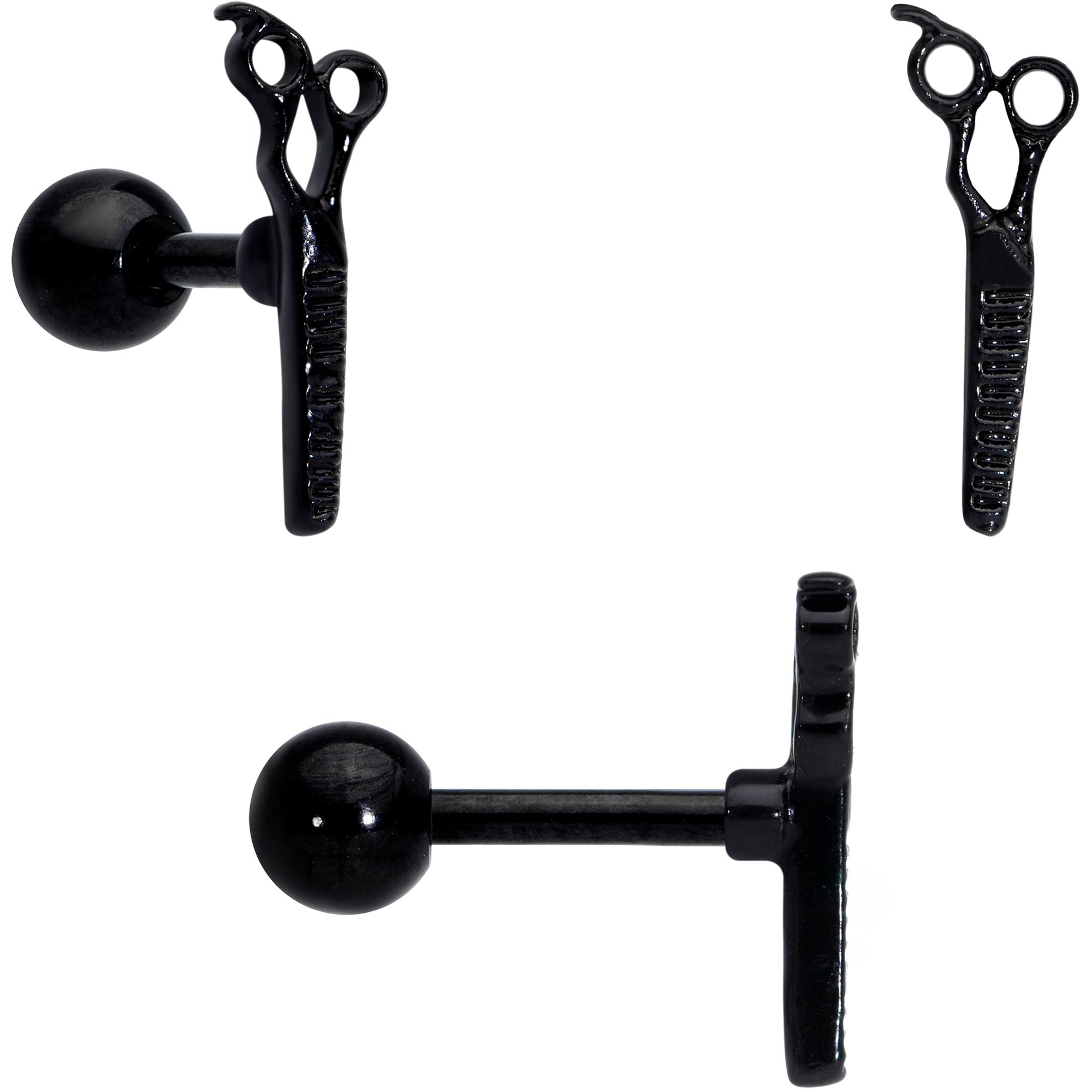 16 Gauge 1/4 Black Scissor Comb Hair Cartilage Tragus Earring Set of 3