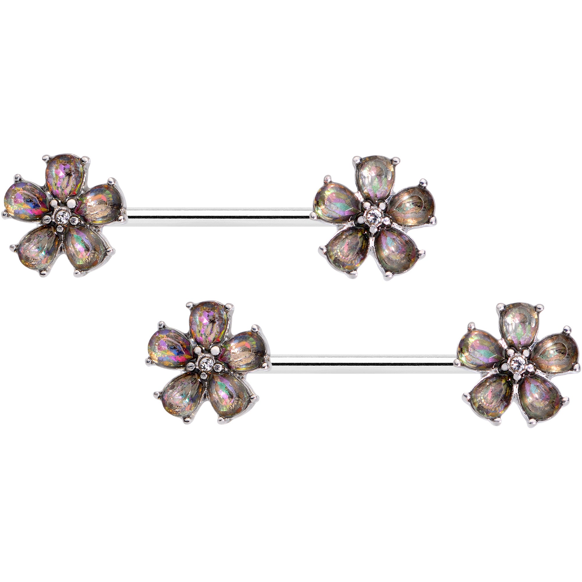 14 Gauge 9/16 Dark Aurora Gem Fabulous Flowers Nipple Ring Set