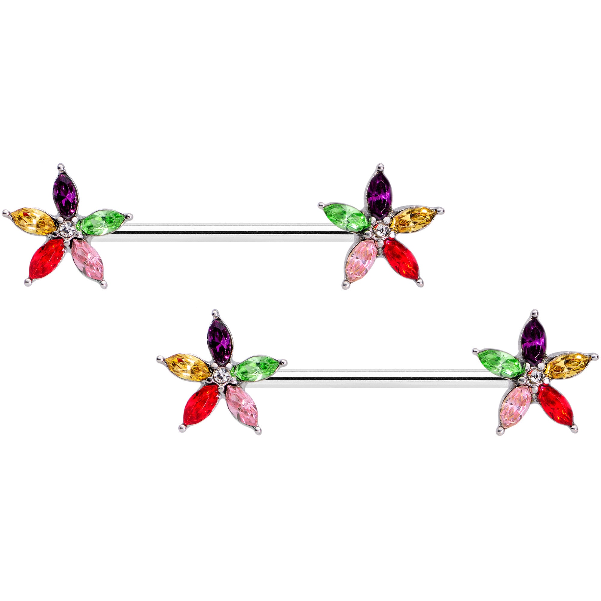 14 Gauge 9/16 Rainbow Gem Starry Flower Barbell Nipple Ring Set