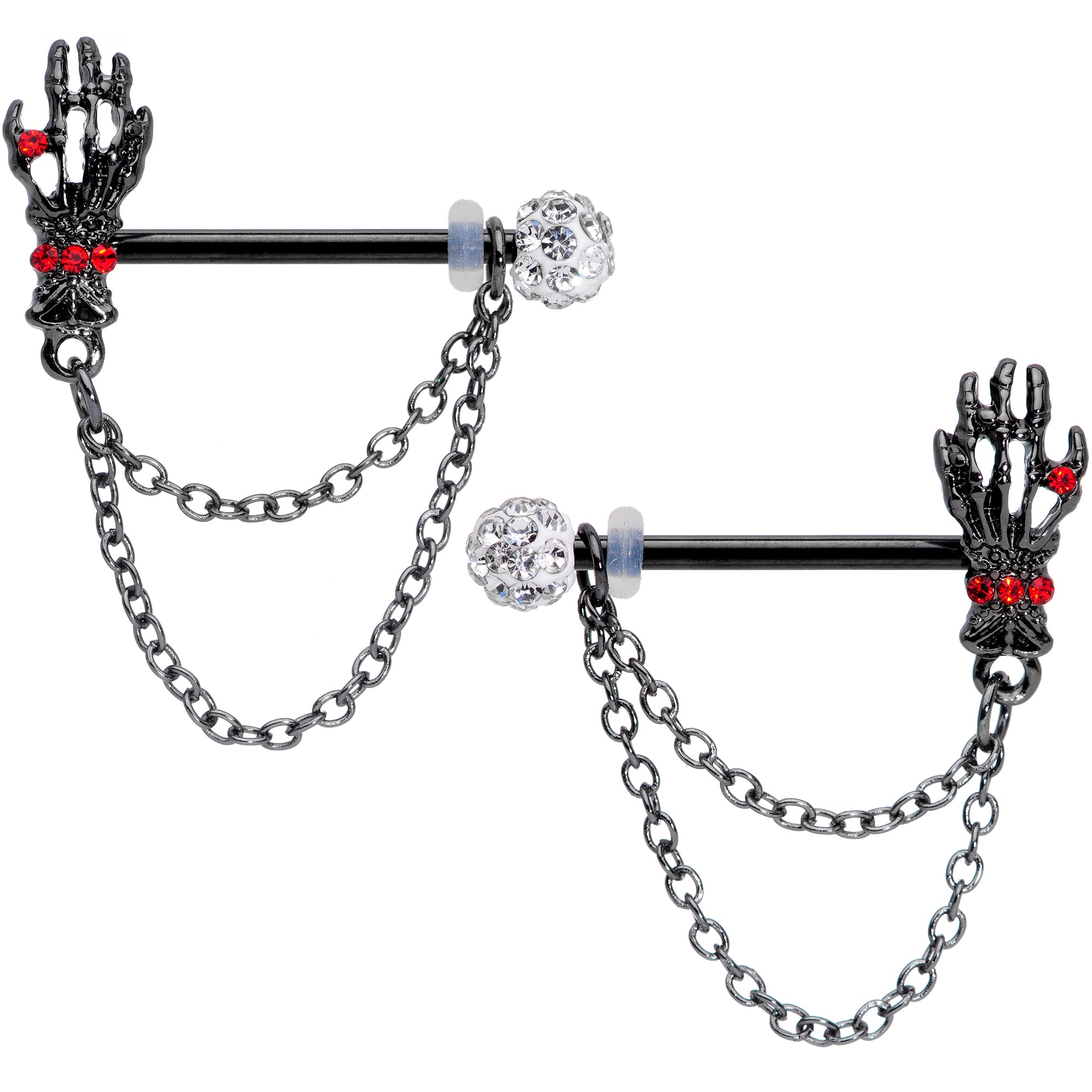 14 Gauge 9/16 Red Gem Skeleton Hands Black Halloween Nipple Ring Set