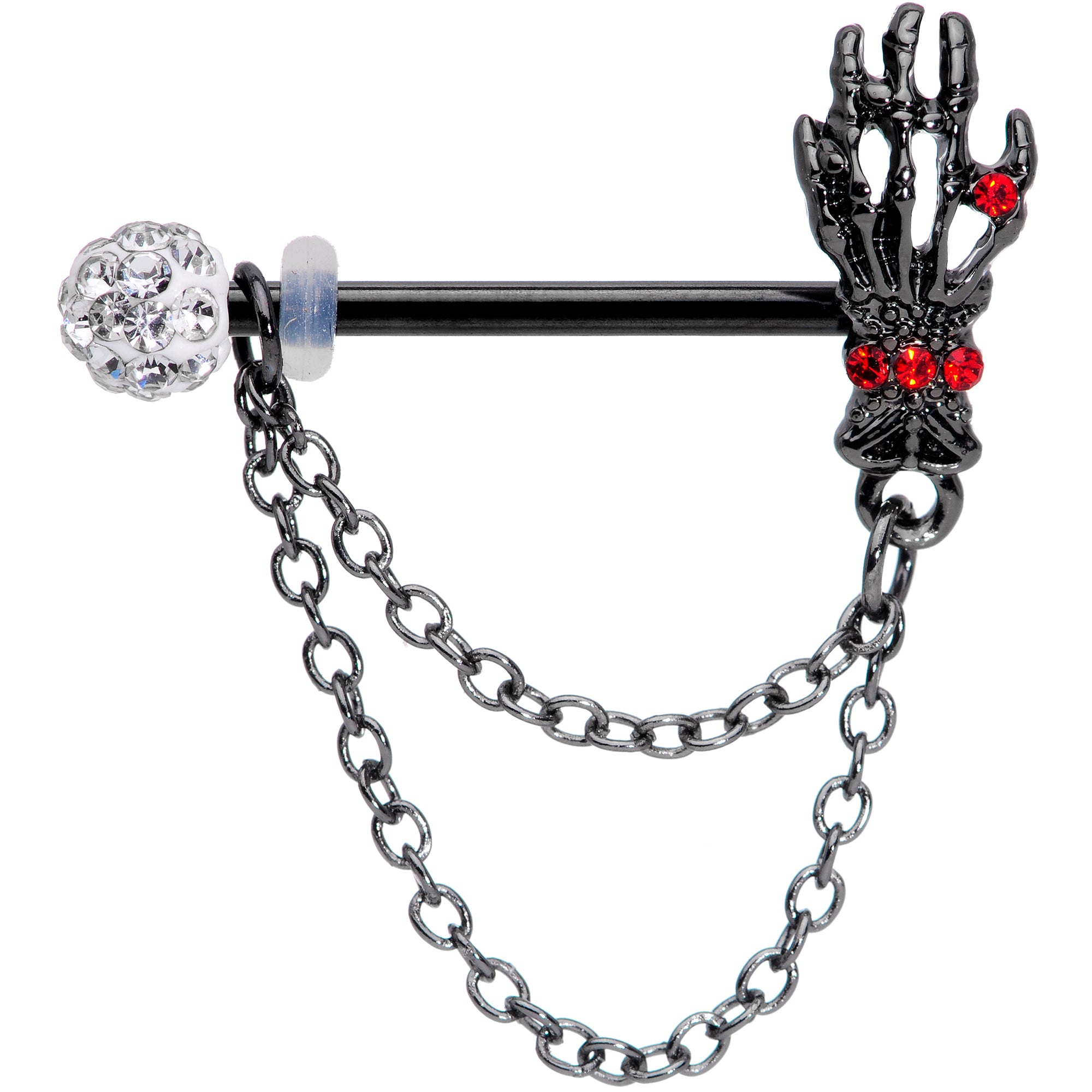 14 Gauge 9/16 Red Gem Skeleton Hands Black Halloween Nipple Ring Set