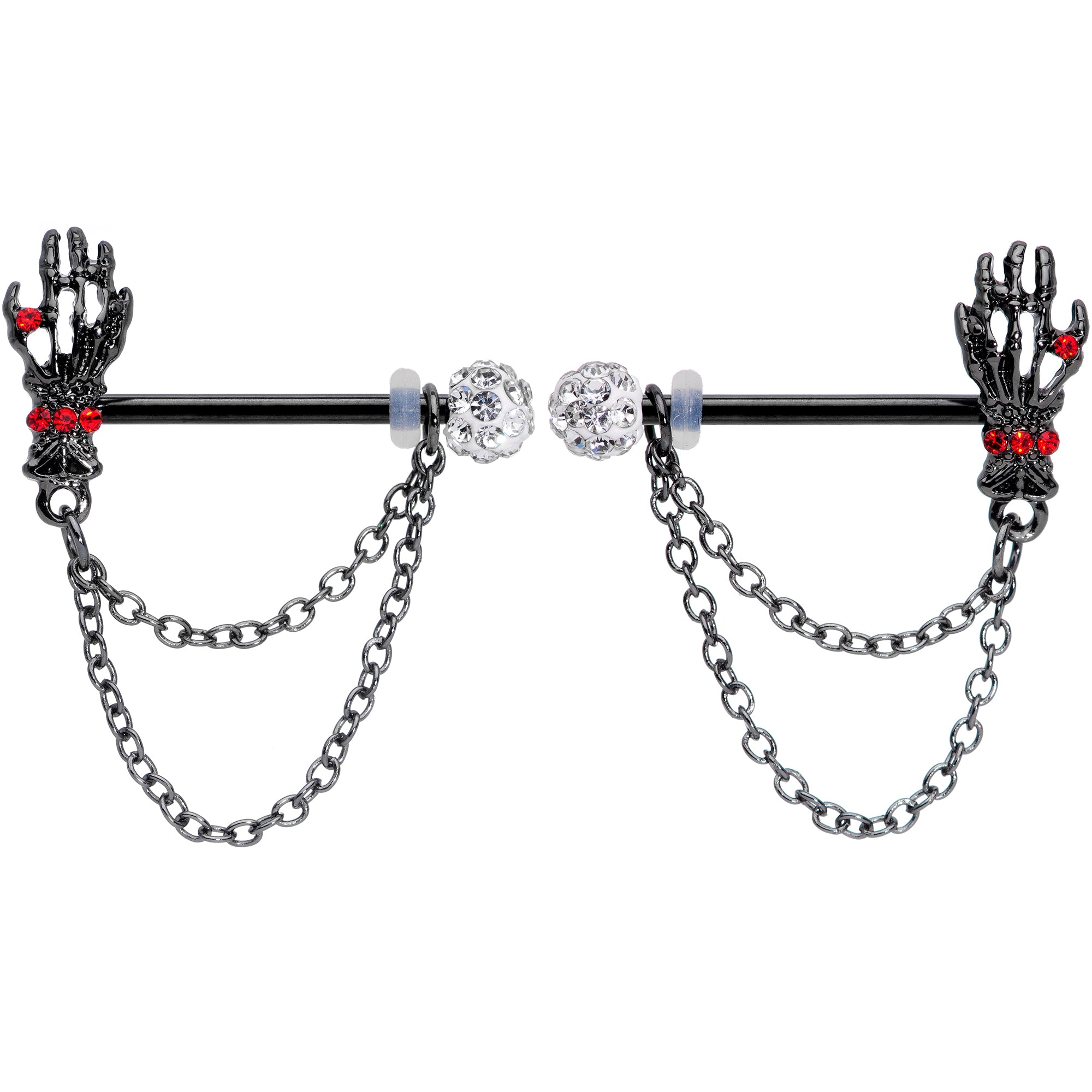 14 Gauge 9/16 Red Gem Skeleton Hands Black Halloween Nipple Ring Set