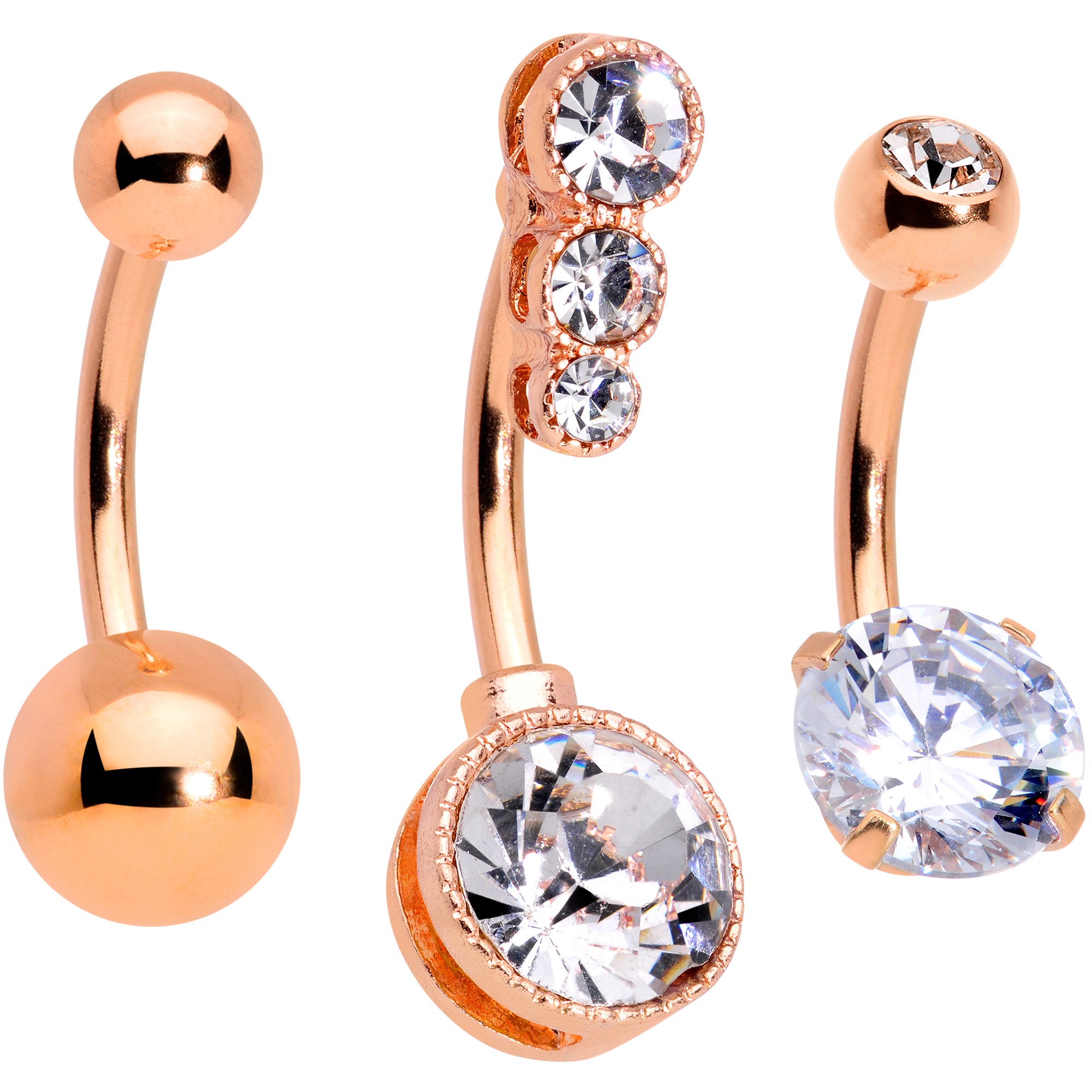 Clear CZ Gem Rose Gold Tone Elegance Belly Ring Set of 3