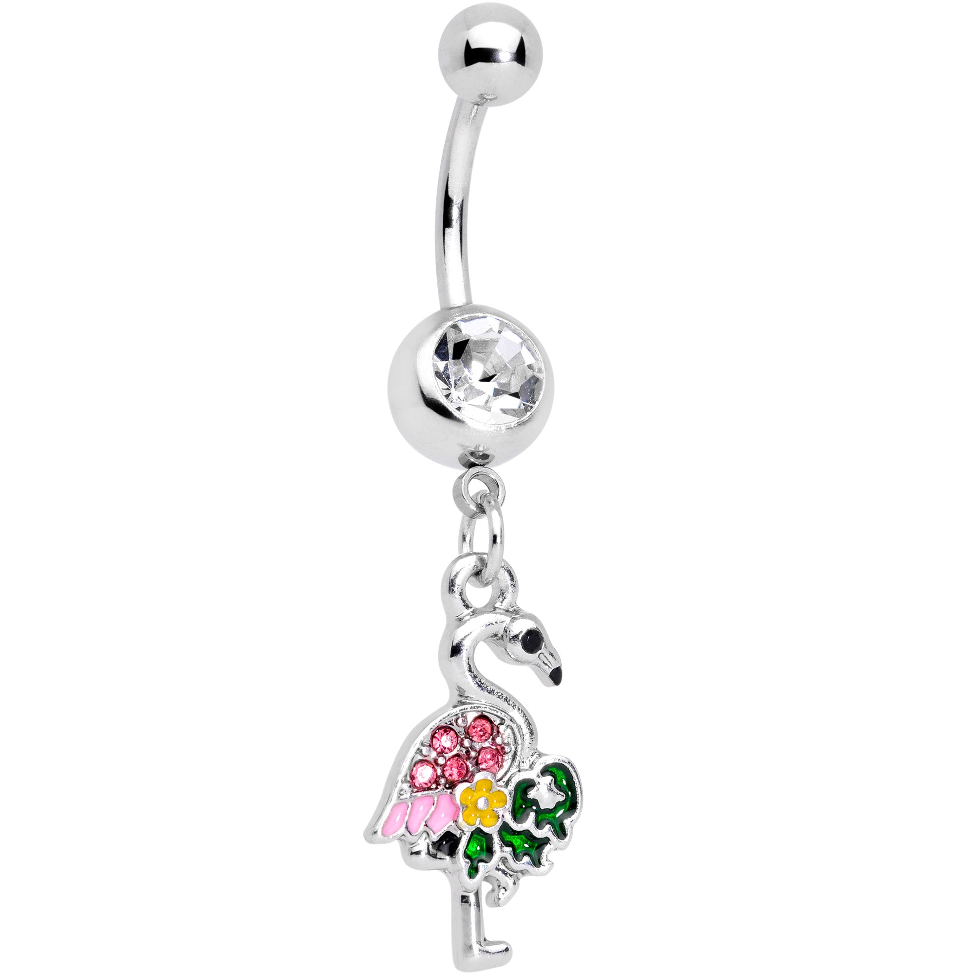 Clear Pink Gem Funky Flamingo Dangle Belly Ring