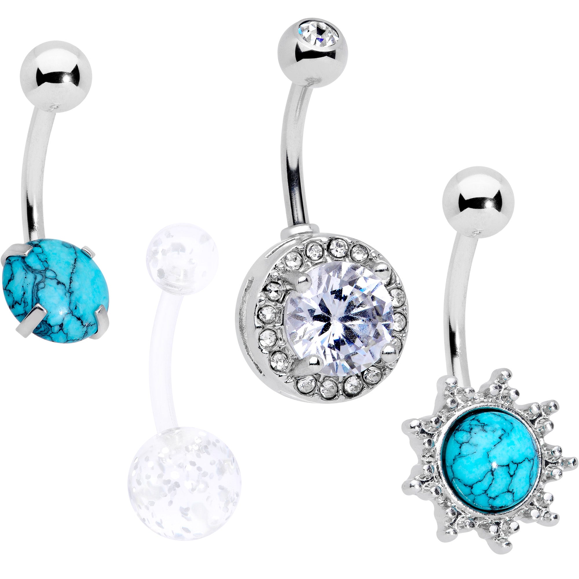 Clear Gem Faux Turquoise UV Glow Belly Ring Set of 4