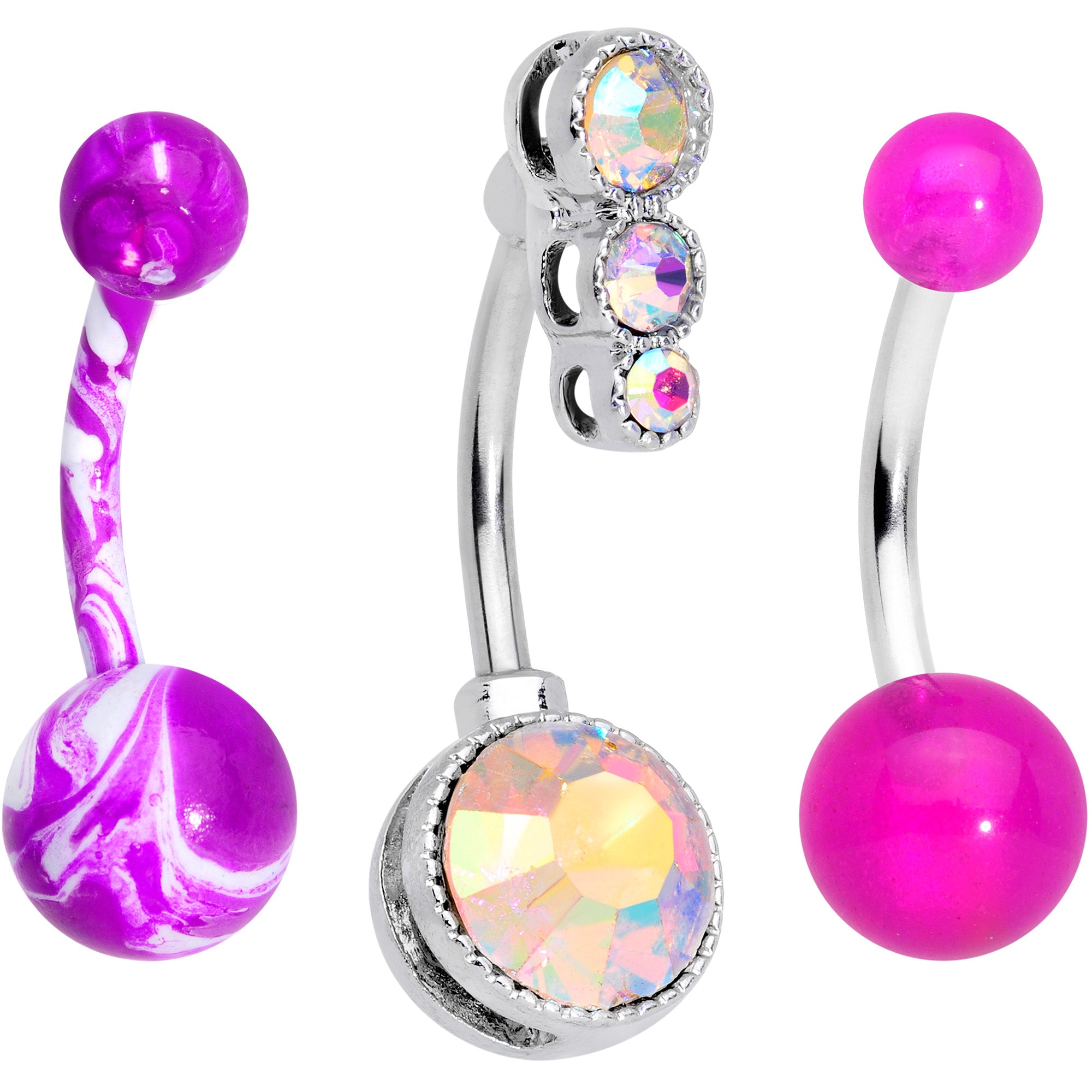 Aurora CZ Gem Purple UV Glow Belly Ring Set of 3