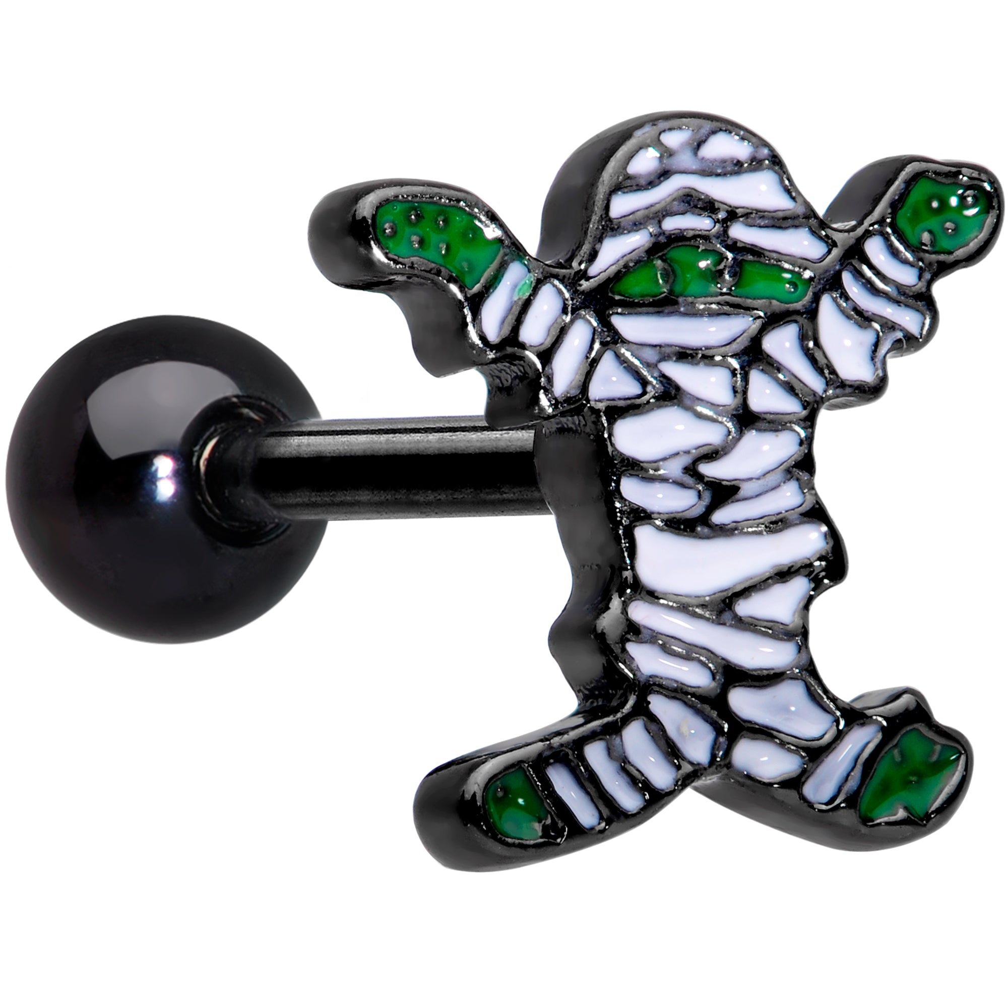 16 Gauge 1/4 Black Plated Green White Mummy Halloween Cartilage Tragus