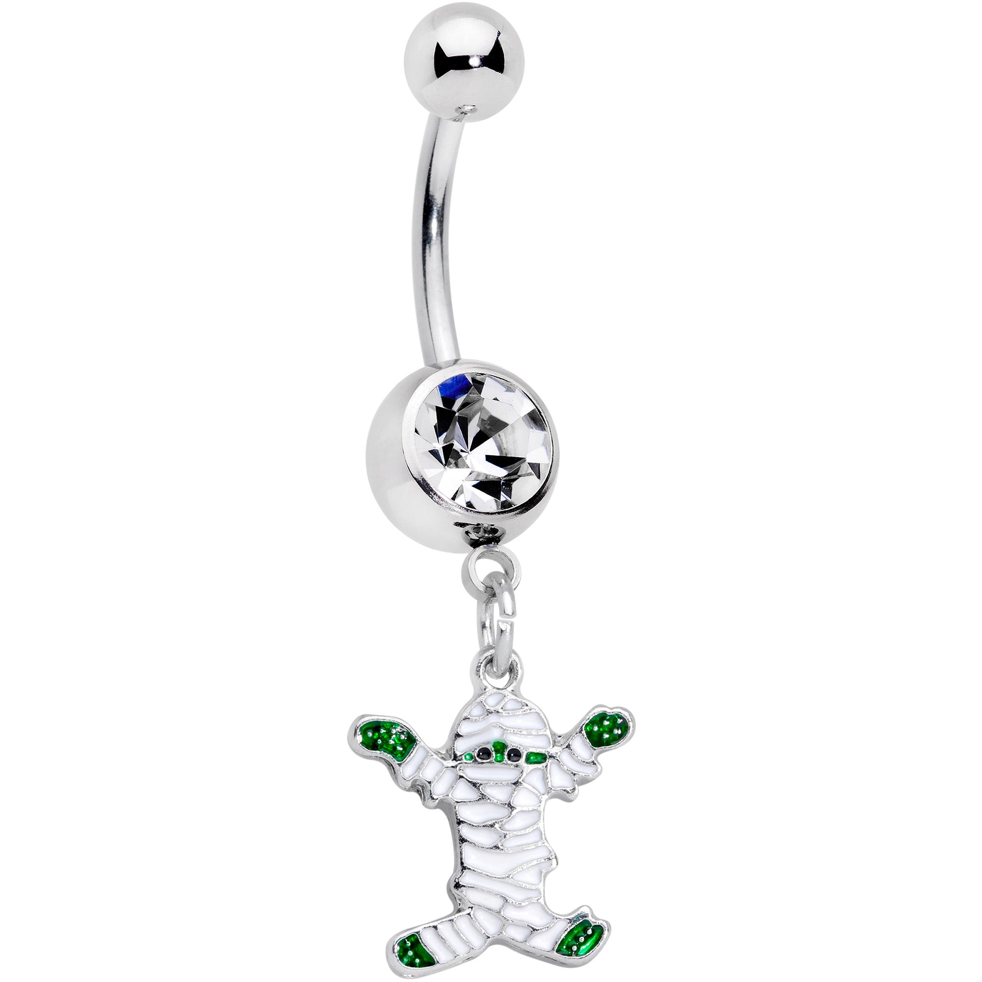 Clear Gem White Green Mummy Halloween Dangle Belly Ring