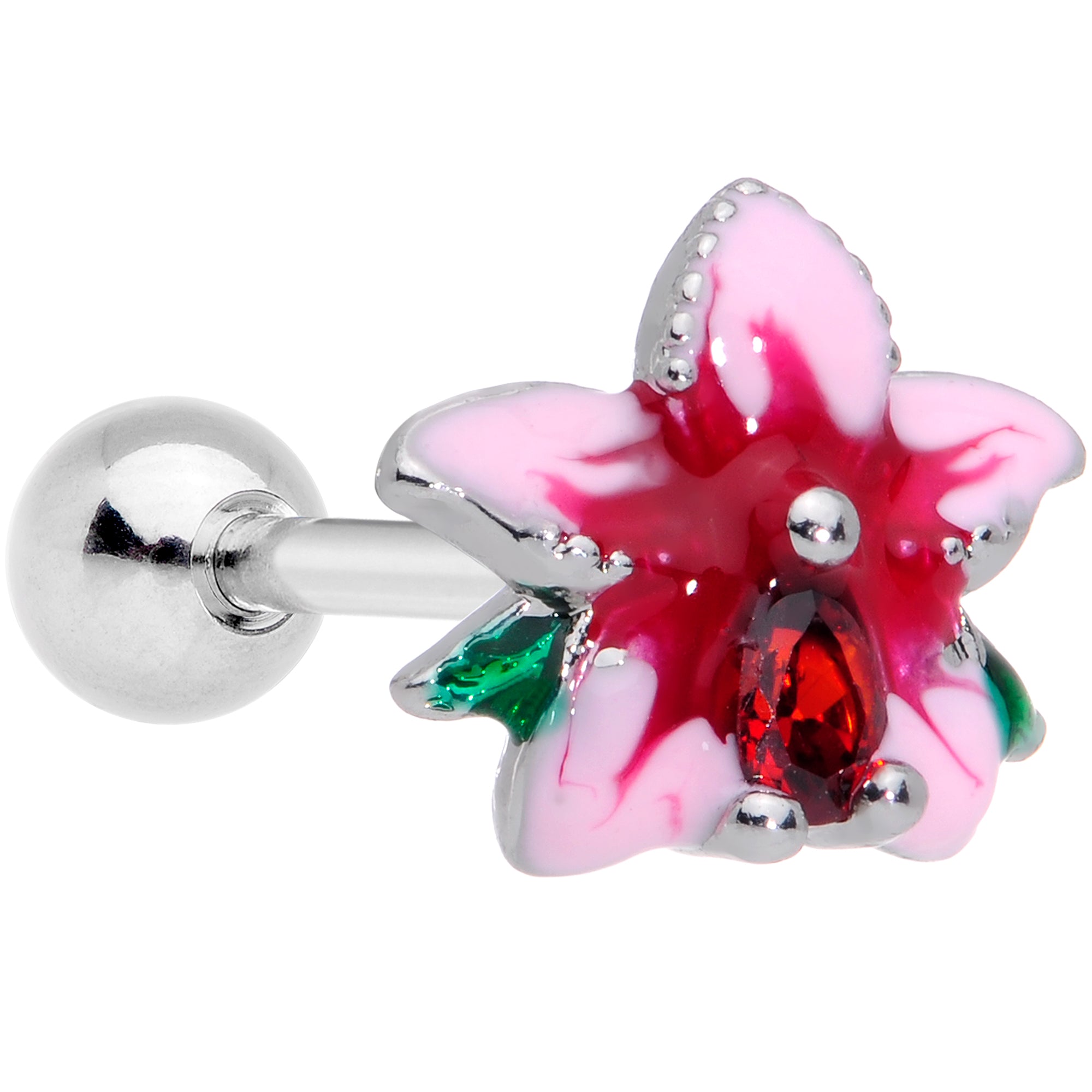 16 Gauge 1/4 Red Gem Exotic Flower Cartilage Tragus Earring