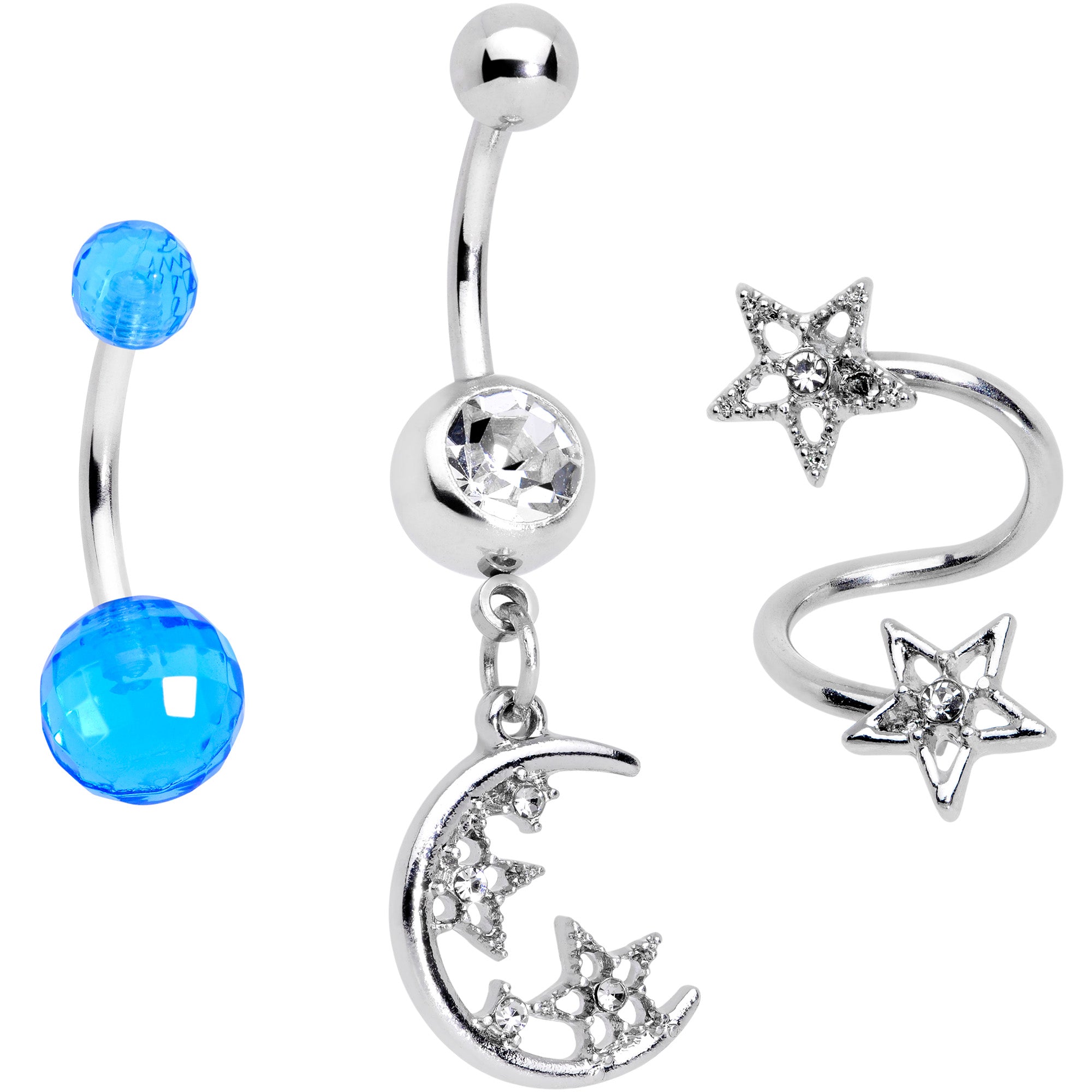 Clear Gem Star Moon Dangle Twister Blue Belly Ring Set of 3