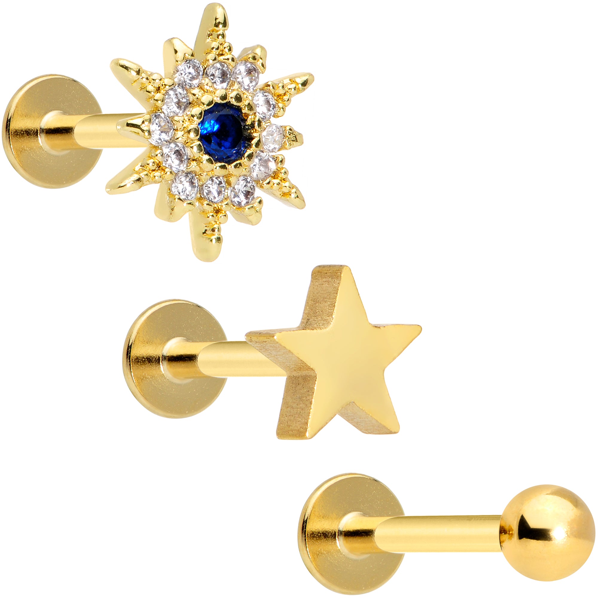 16 Gauge 5/16 Blue Clear Gem Gold Tone Star Labret Tragus Set of 3